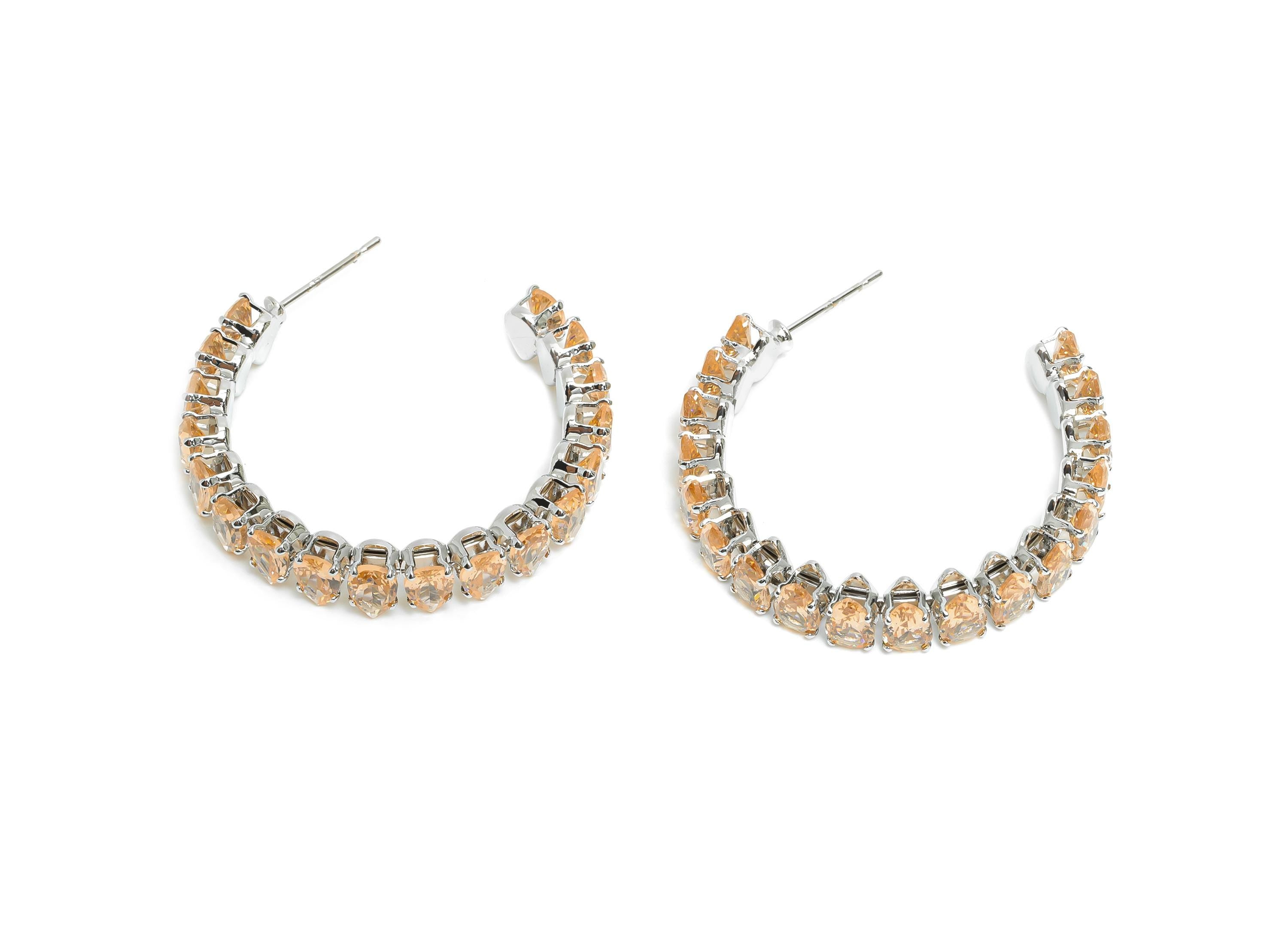 Sparkling C Hoop Post - Inlay Drop Pink Glass Earring Studs - Opulent Silver Brass Jewelry - 18K White Gold Plated - 35x30x6.1mm - RGP9953S - DOMEDBAZAAR