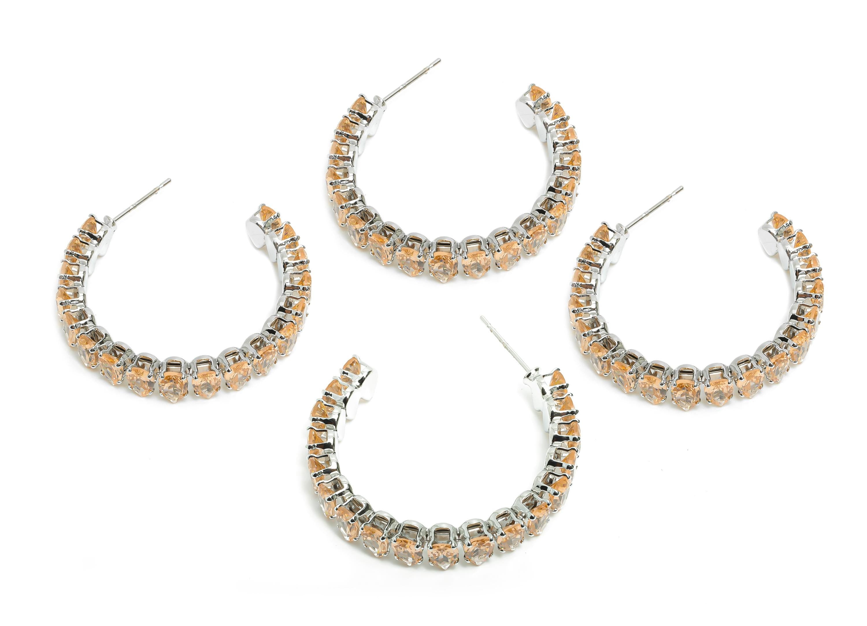 Sparkling C Hoop Post - Inlay Drop Pink Glass Earring Studs - Opulent Silver Brass Jewelry - 18K White Gold Plated - 35x30x6.1mm - RGP9953S - DOMEDBAZAAR