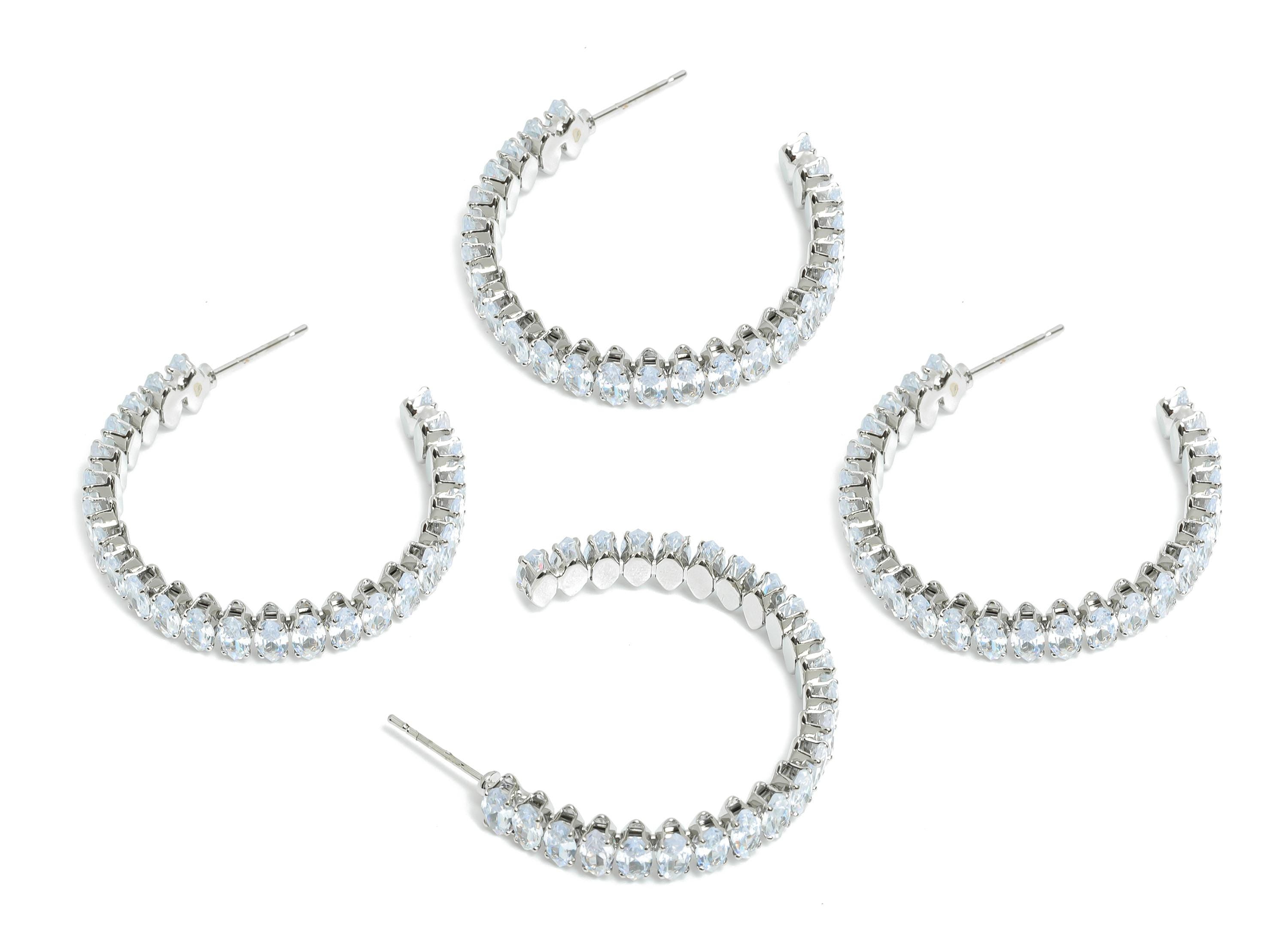 Sparkling C Hoop Post - Inlay Marquise Glass Earring Stud - Luxurious Silver Brass Jewelry - 18K White Gold Plated - 33.6x29x6mm -RGP9942S - DOMEDBAZAAR