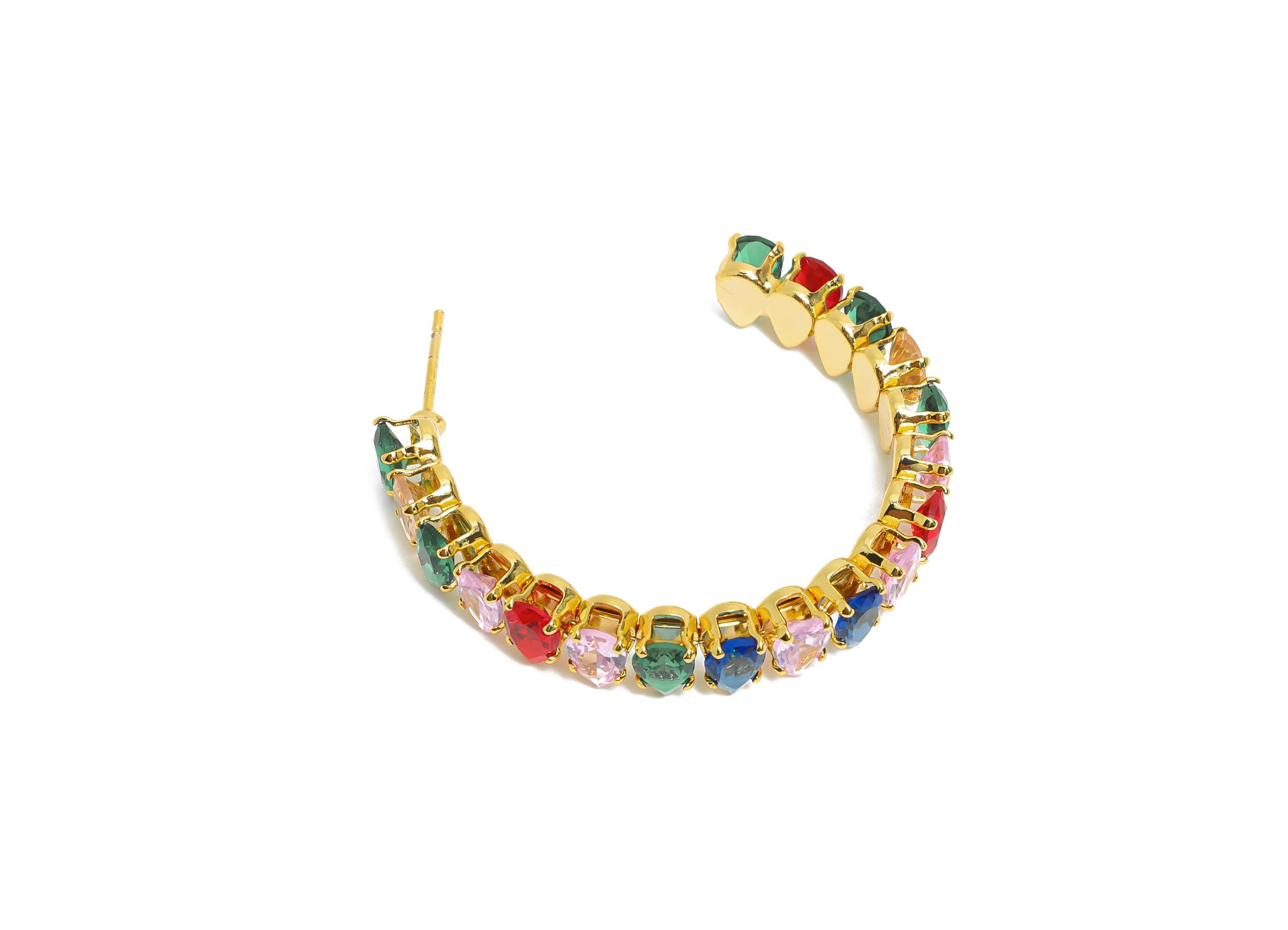Sparkling C Hoop Post - Inlay Drop Colorful Glass Earring Stud - Luxurious Gold Brass Jewelry - 18K Real Gold Plated - 35x30x6.1mm - RGP9954 - DOMEDBAZAAR