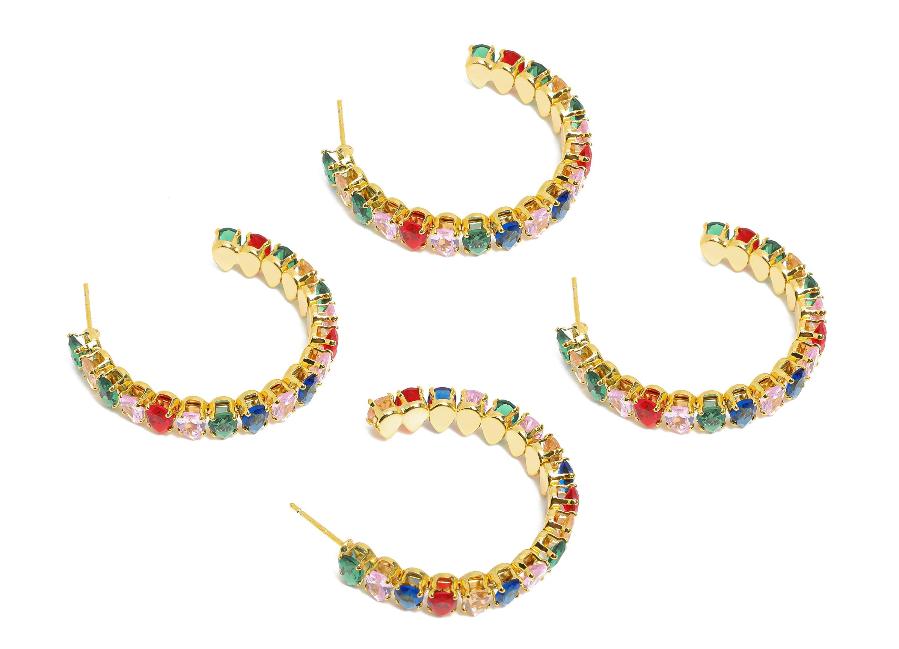 Sparkling C Hoop Post - Inlay Drop Colorful Glass Earring Stud - Luxurious Gold Brass Jewelry - 18K Real Gold Plated - 35x30x6.1mm - RGP9954 - DOMEDBAZAAR