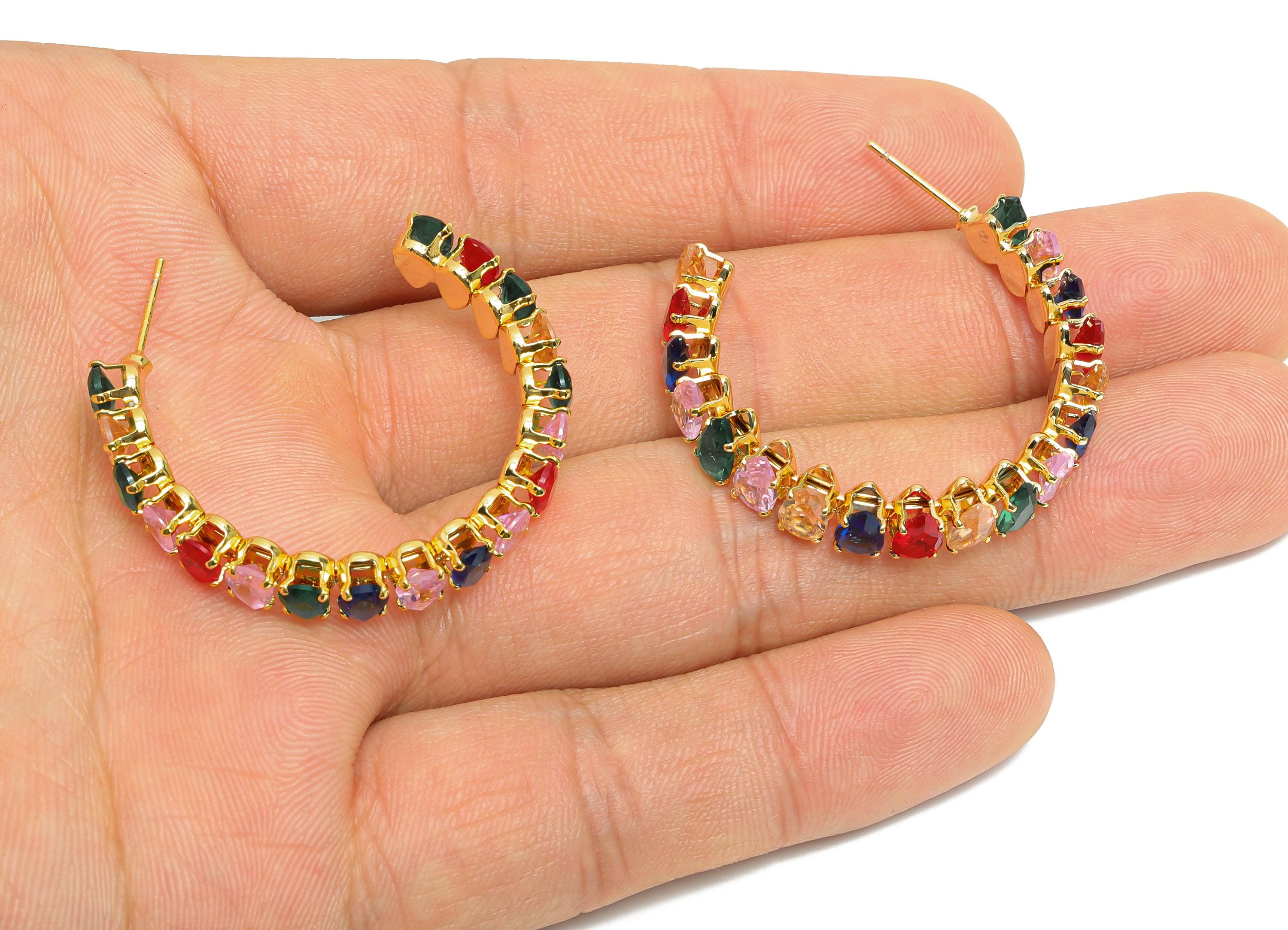 Sparkling C Hoop Post - Inlay Drop Colorful Glass Earring Stud - Luxurious Gold Brass Jewelry - 18K Real Gold Plated - 35x30x6.1mm - RGP9954 - DOMEDBAZAAR