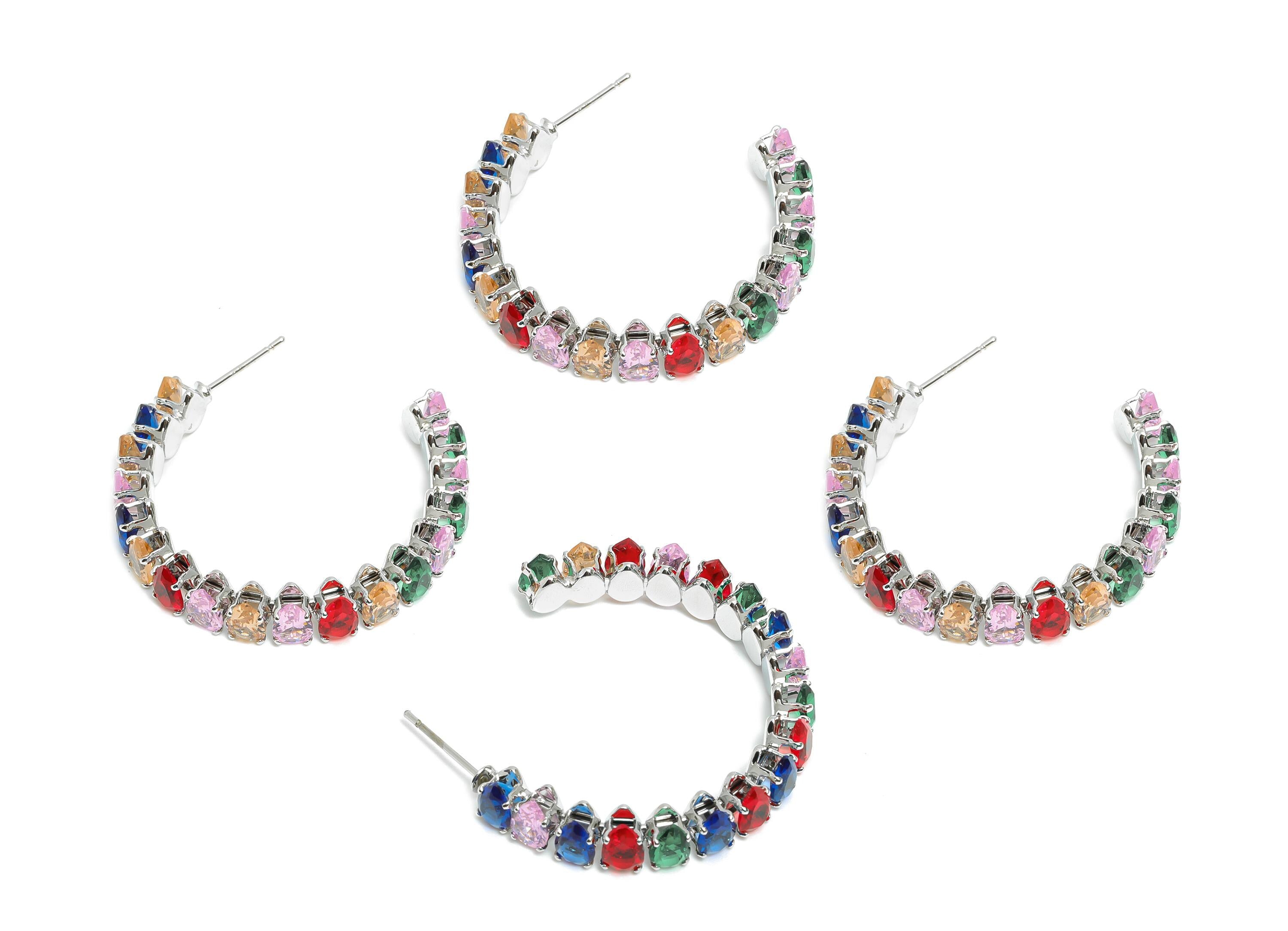Sparkling C Hoop Post - Inlay Drop Colorful Glass Earring Stud - Luxurious Silver Brass Jewelry -18K White Gold Plated -35x30x6.1mm-RGP9954S - DOMEDBAZAAR