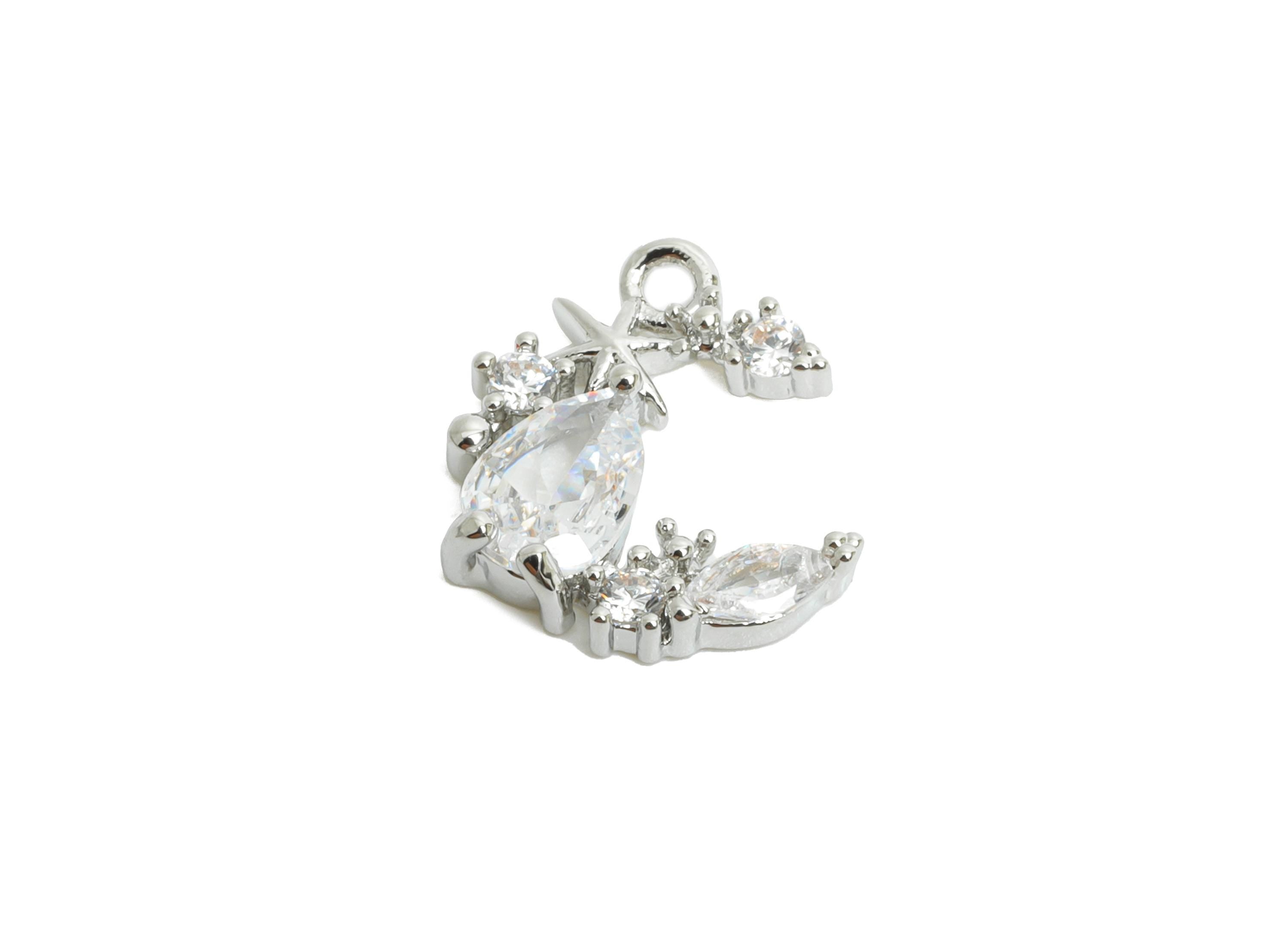 Brass Crescent Earring Charm - Sparking Teardrop Cubic Zircon Charm - Marquise Pendant - 18K Real White Gold Plating - 12x10x3mm - RGP9901S - DOMEDBAZAAR
