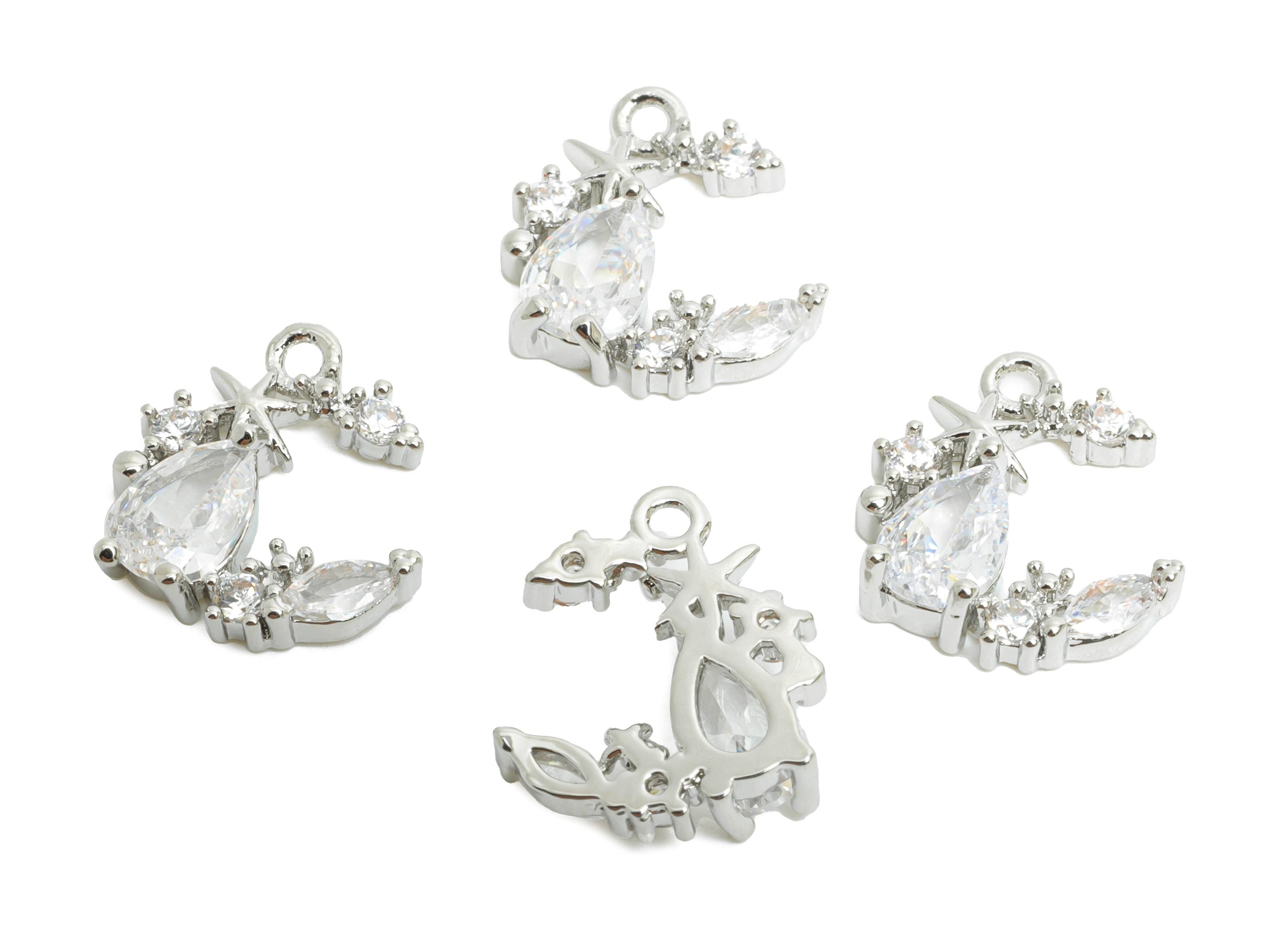 Brass Crescent Earring Charm - Sparking Teardrop Cubic Zircon Charm - Marquise Pendant - 18K Real White Gold Plating - 12x10x3mm - RGP9901S - DOMEDBAZAAR