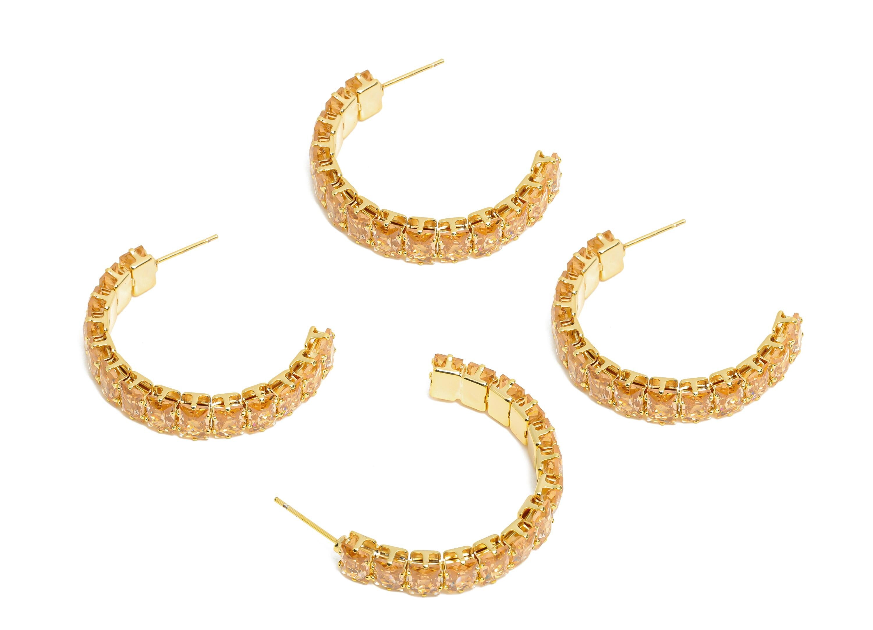 Sparkling C Hoop Post - Inlay Rectangle Glass Earring Studs - Refined Rose Gold Brass Jewelry - 18K Real Gold Plated - 35x24x7mm - RGP9951 - DOMEDBAZAAR