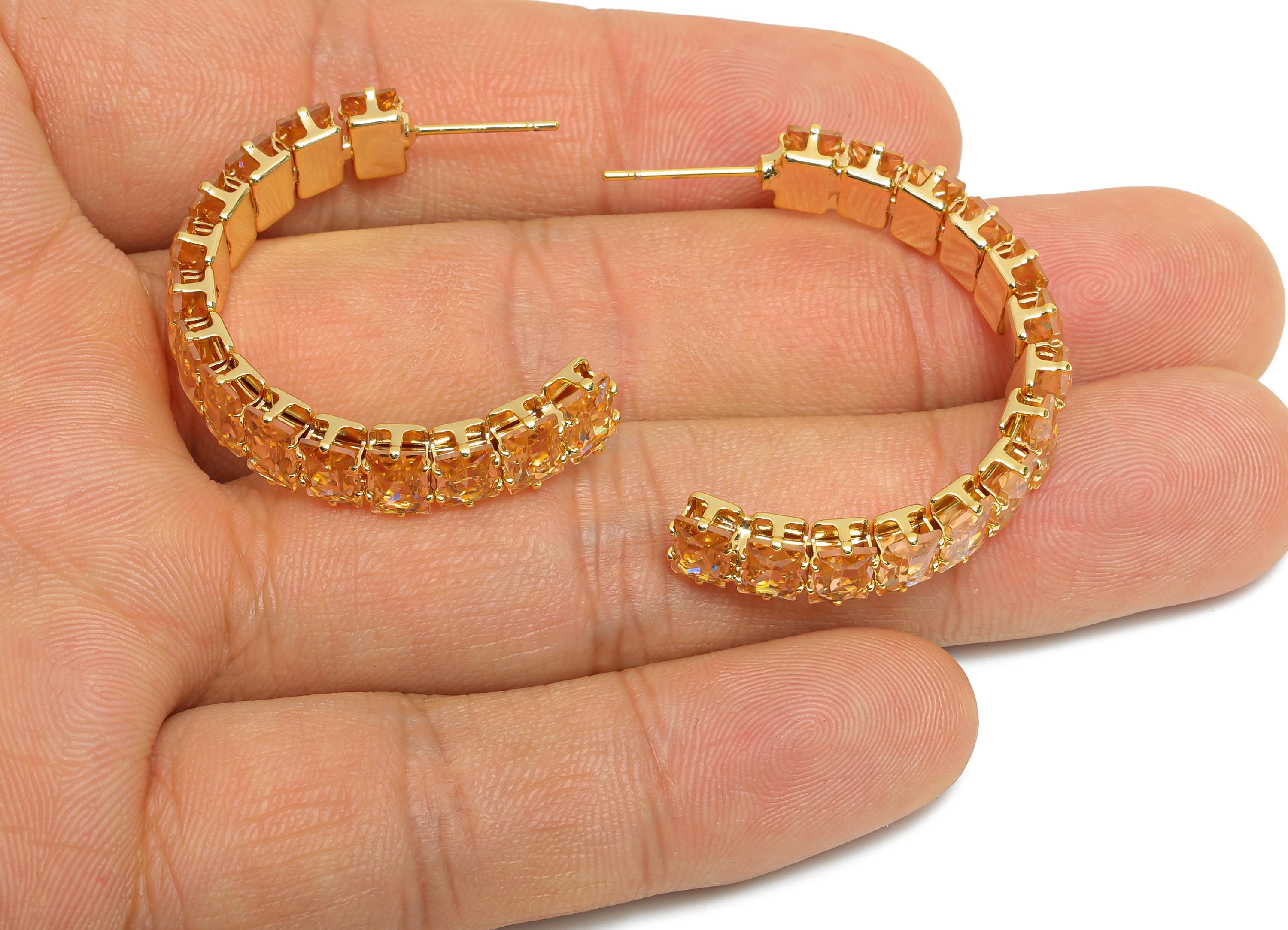 Sparkling C Hoop Post - Inlay Rectangle Glass Earring Studs - Refined Rose Gold Brass Jewelry - 18K Real Gold Plated - 35x24x7mm - RGP9951 - DOMEDBAZAAR