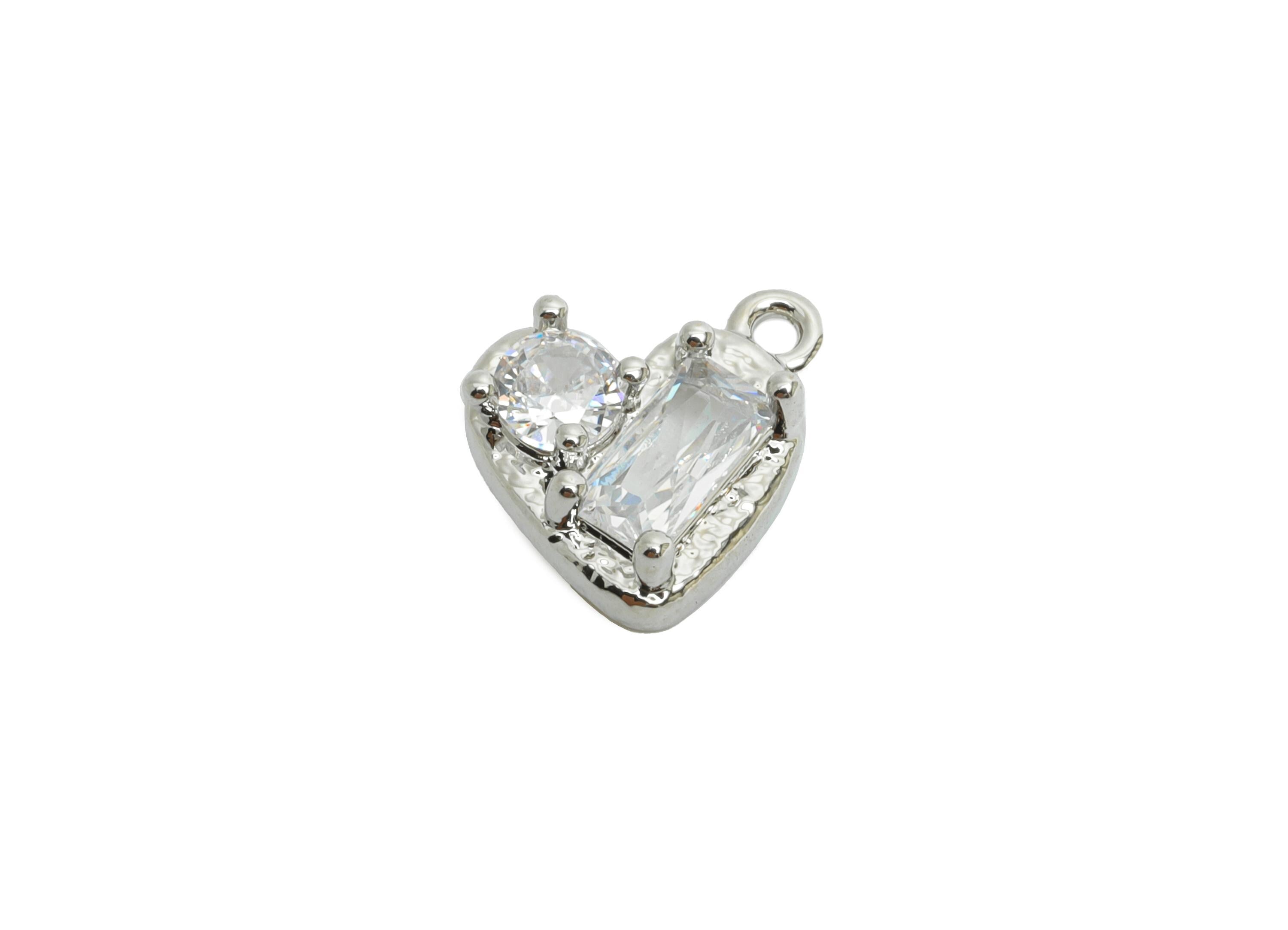 Brass Heart Earring Charm - Sparking Geometry Faceted Cubic Zircon Charm - Romantic Jewelry - 18K Real White Gold Plating - 9x9x3mm-RGP9900S - DOMEDBAZAAR