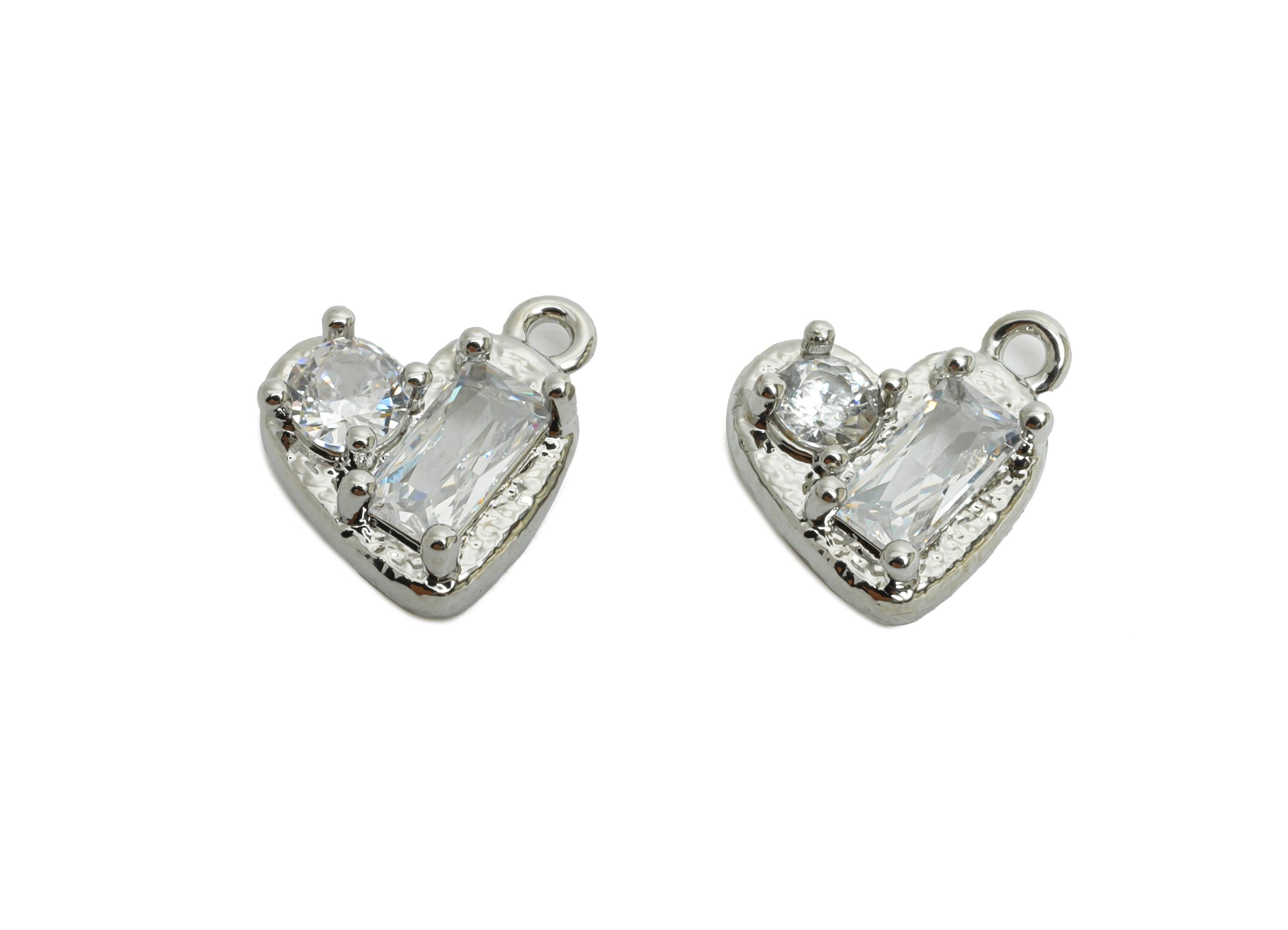 Brass Heart Earring Charm - Sparking Geometry Faceted Cubic Zircon Charm - Romantic Jewelry - 18K Real White Gold Plating - 9x9x3mm-RGP9900S - DOMEDBAZAAR