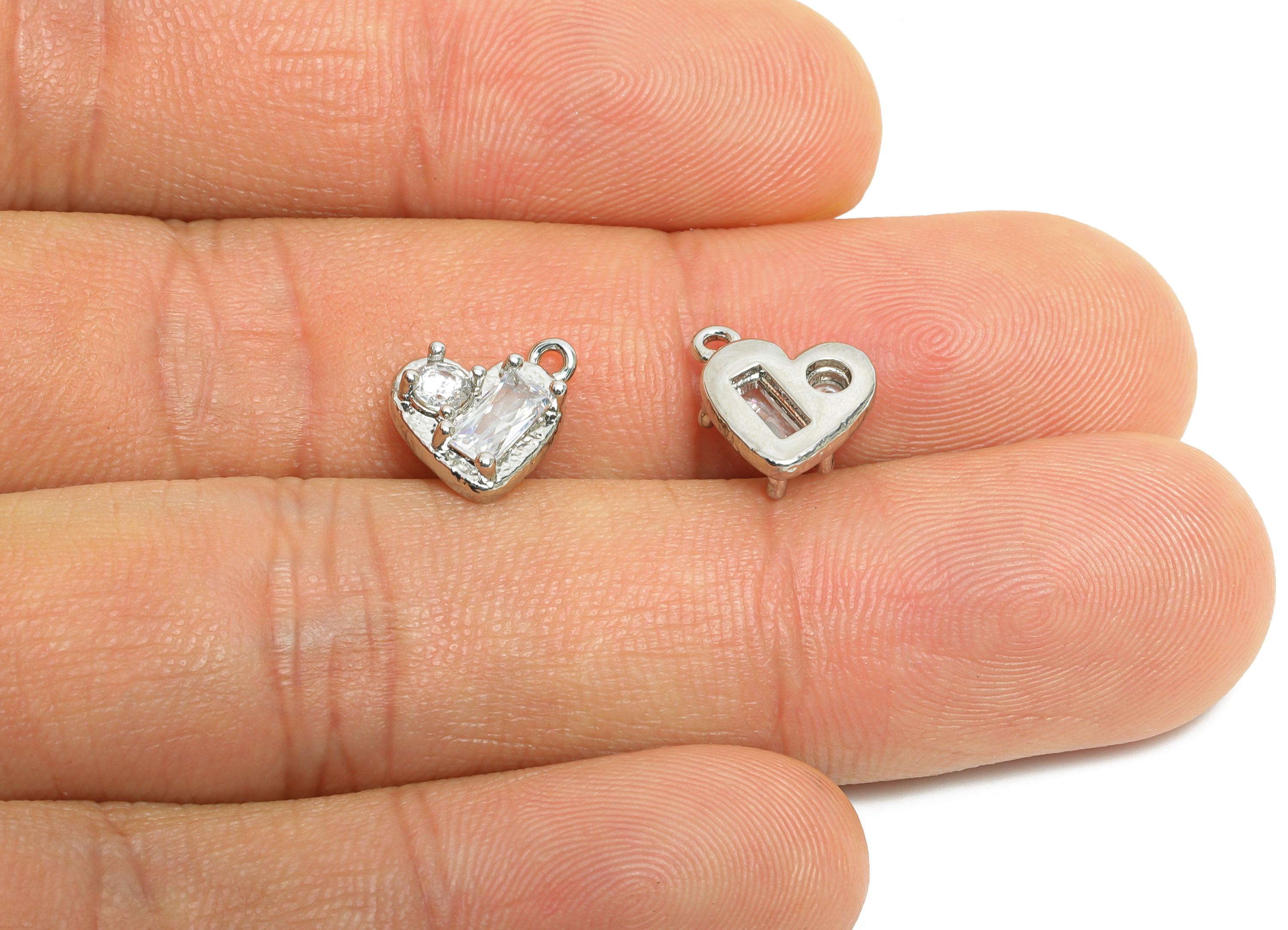 Brass Heart Earring Charm - Sparking Geometry Faceted Cubic Zircon Charm - Romantic Jewelry - 18K Real White Gold Plating - 9x9x3mm-RGP9900S - DOMEDBAZAAR
