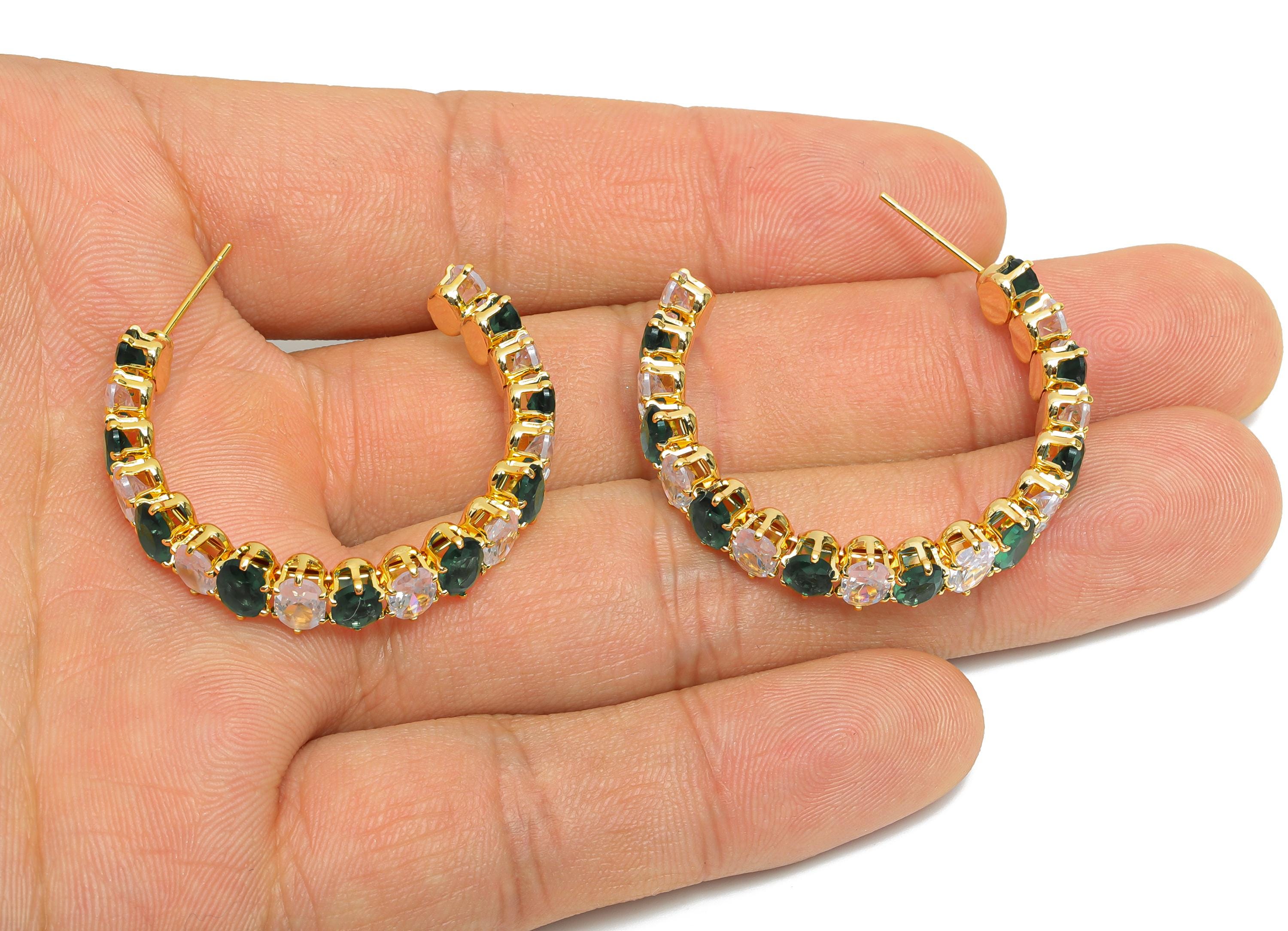 Sparkling C Hoop Posts - Inlay Oval Glass Earrings Studs - Romantic Gold Brass Jewelry - 18K Real Gold Plating Brass - 36x30x7mm - RGP9946 - DOMEDBAZAAR