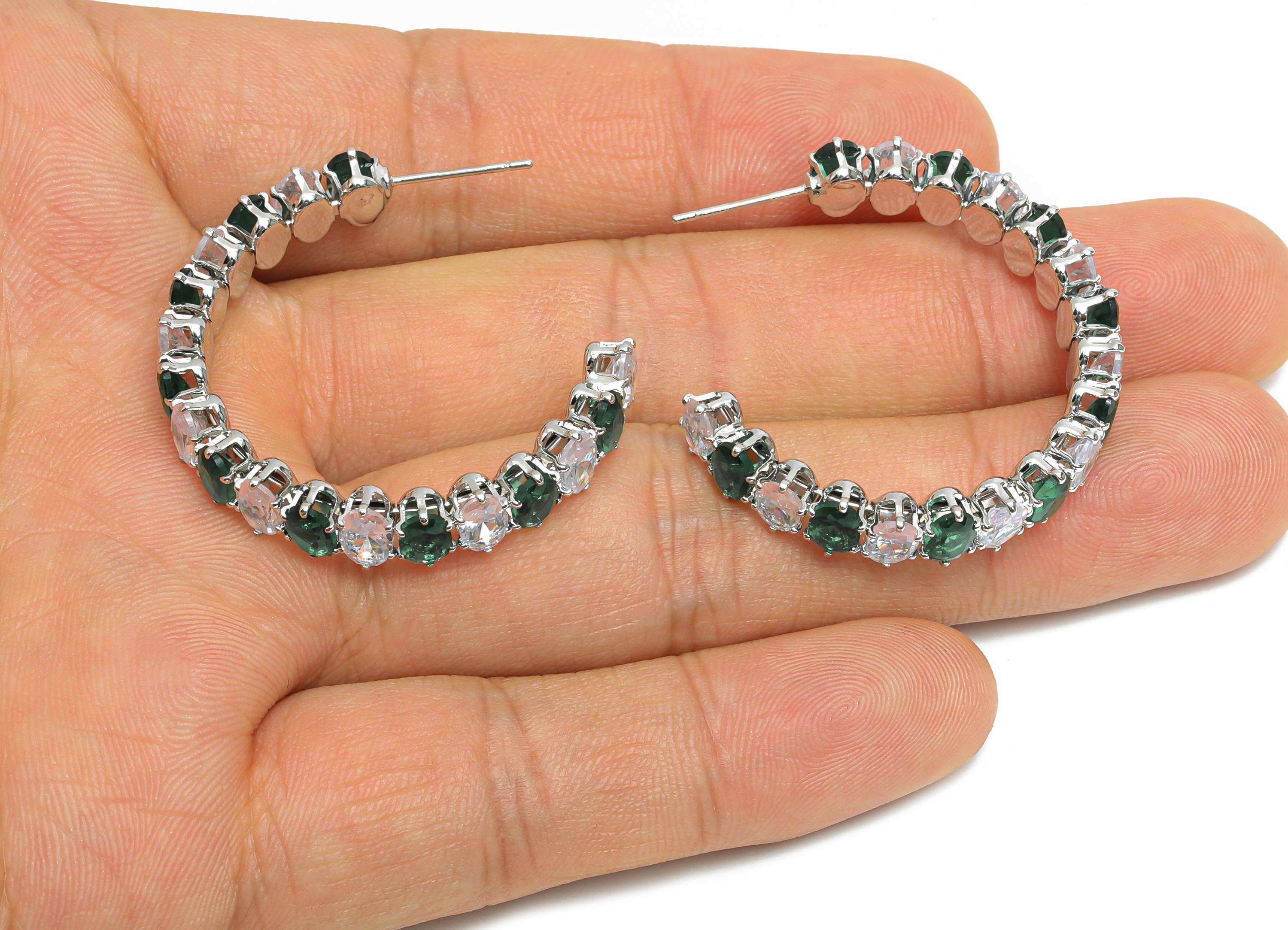 Sparkling C Hoop Post - Inlay Oval Glass Earring Studs - Romantic Silver Brass Jewelry - 18K White Gold Plating Brass - 36x30x7mm - RGP9946S - DOMEDBAZAAR