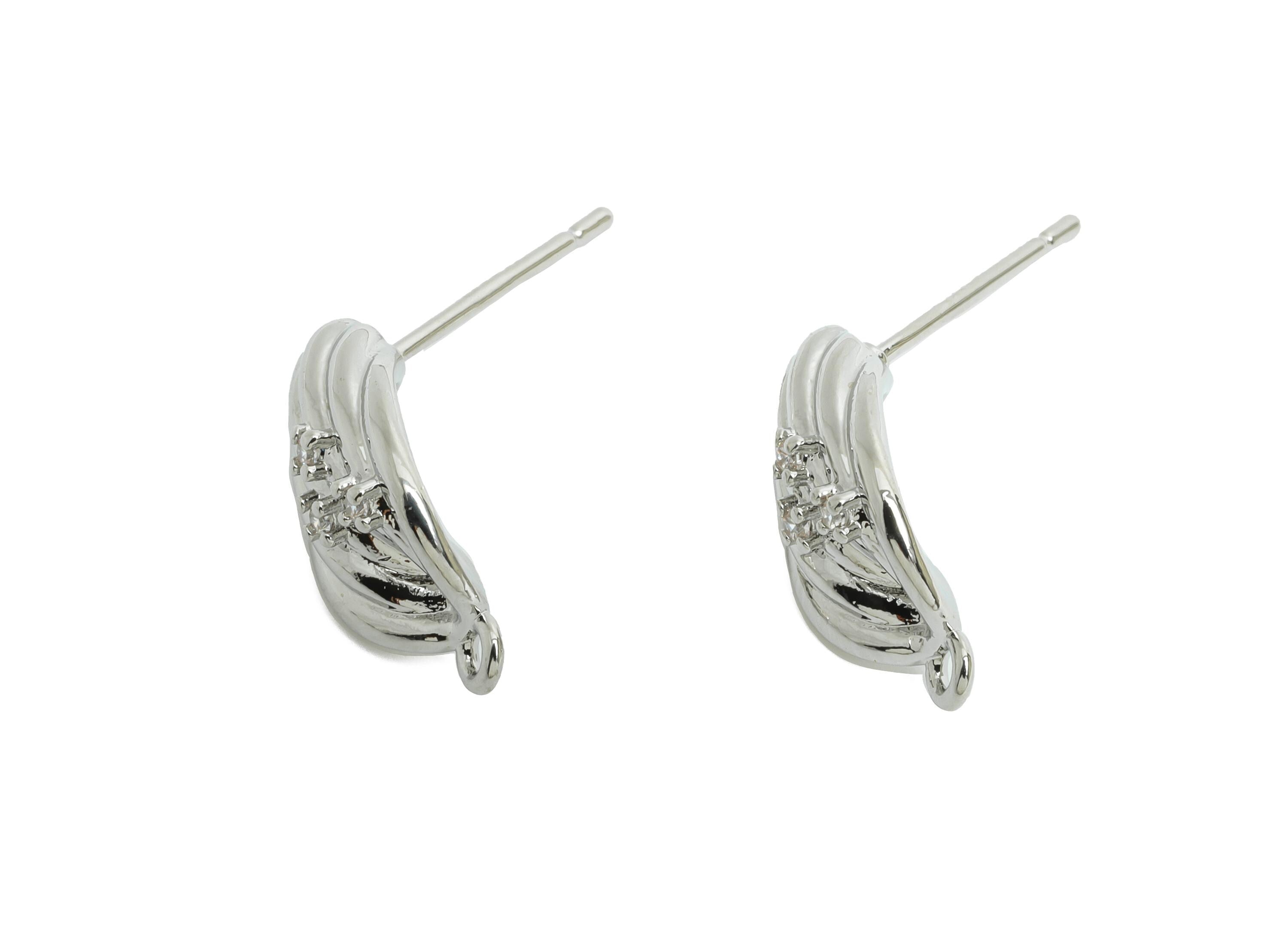 Twisted Brass CZ Post - Textured Zircon Silver Stud with Loop - Modern Geometric Jewelry - 18K White Gold Plated - 15.3x8.2x5.3mm - RGP9907S - DOMEDBAZAAR