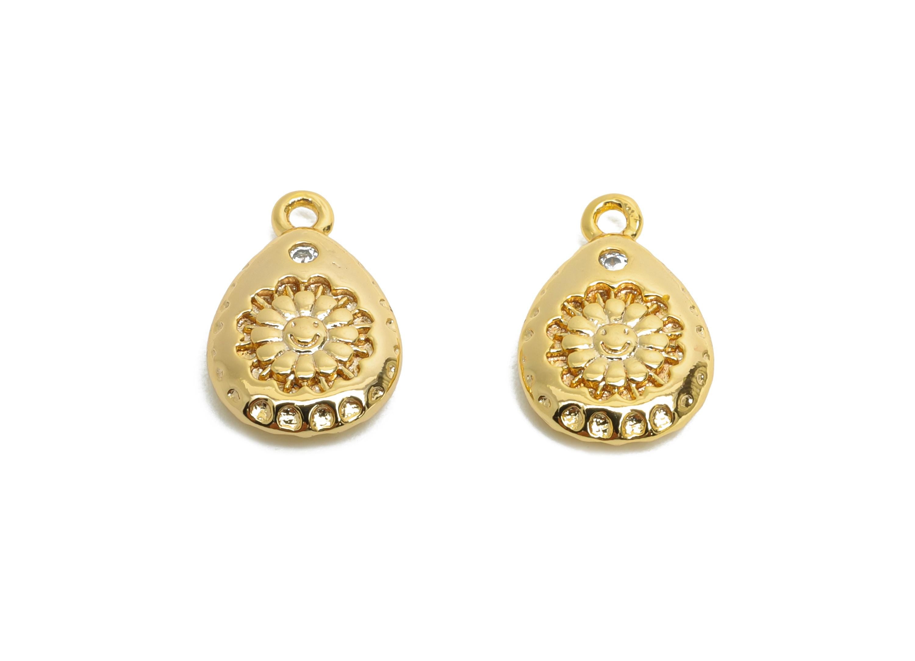 Brass Teardrop Daisy Charm - Vintage Geometry Cubic Zircon Earring Charm - Floral Textured Charm - 18K Real Gold Plated - 12x8x2mm -RGP9909 - DOMEDBAZAAR