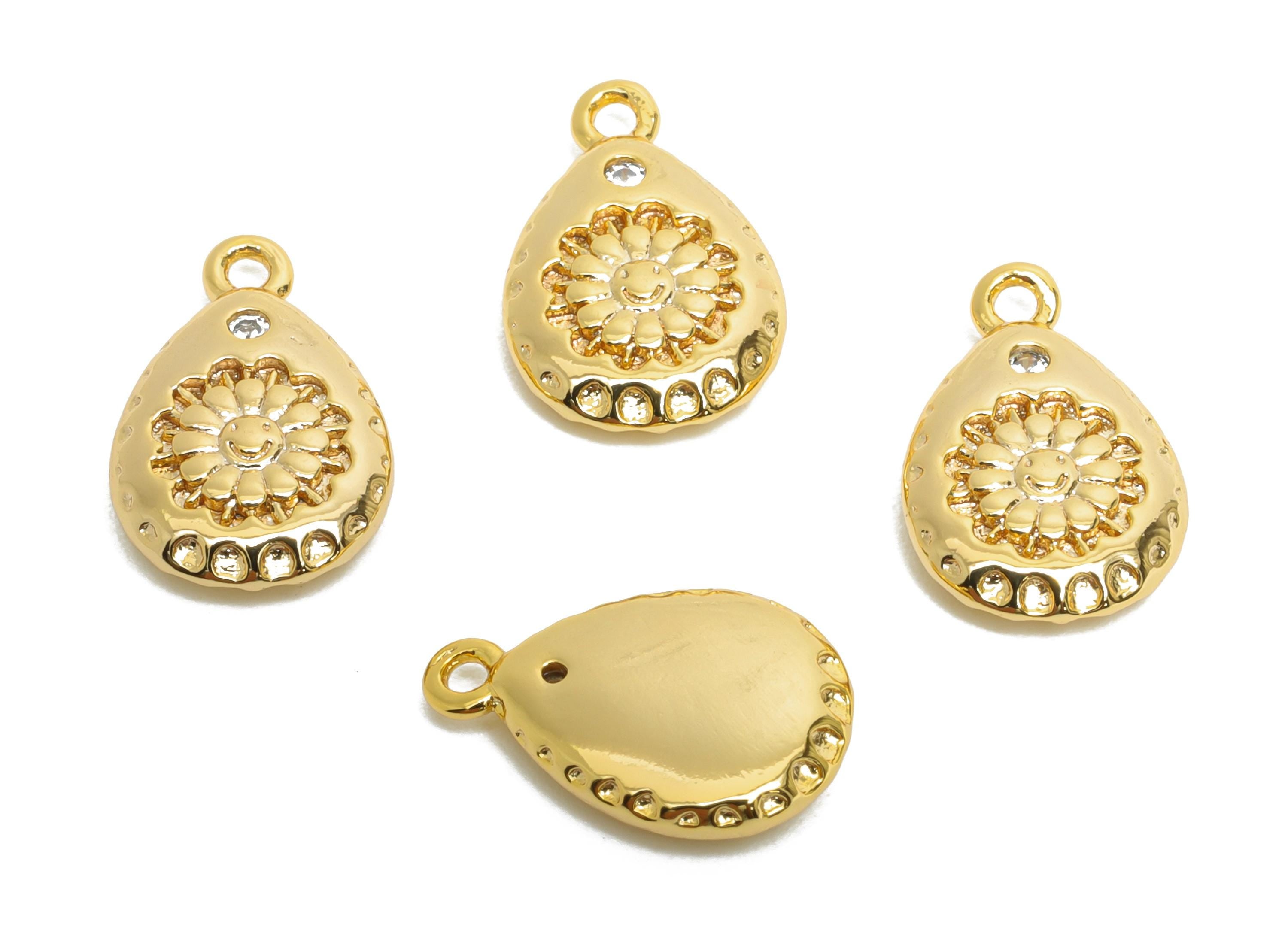 Brass Teardrop Daisy Charm - Vintage Geometry Cubic Zircon Earring Charm - Floral Textured Charm - 18K Real Gold Plated - 12x8x2mm -RGP9909 - DOMEDBAZAAR