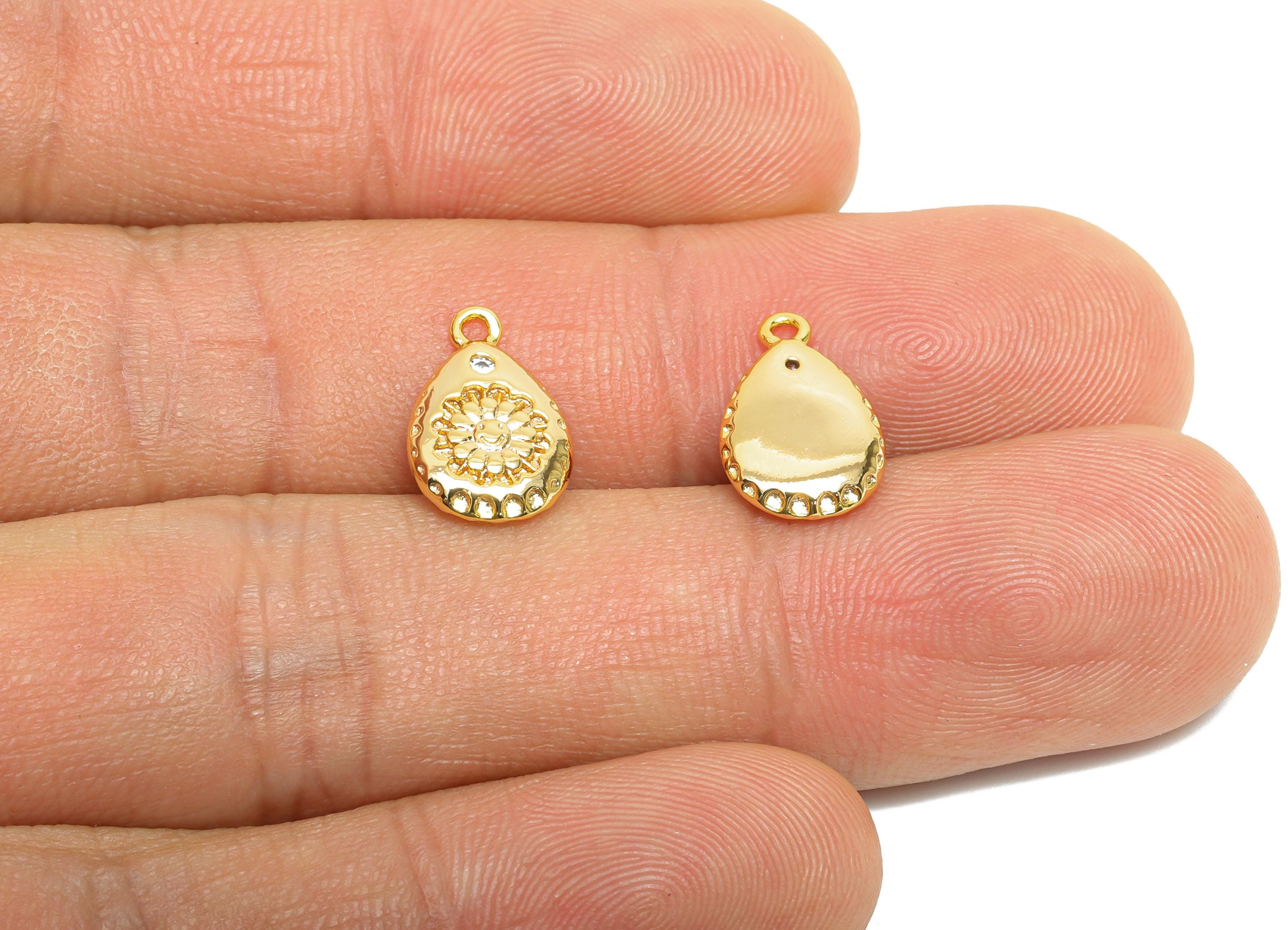 Brass Teardrop Daisy Charm - Vintage Geometry Cubic Zircon Earring Charm - Floral Textured Charm - 18K Real Gold Plated - 12x8x2mm -RGP9909 - DOMEDBAZAAR
