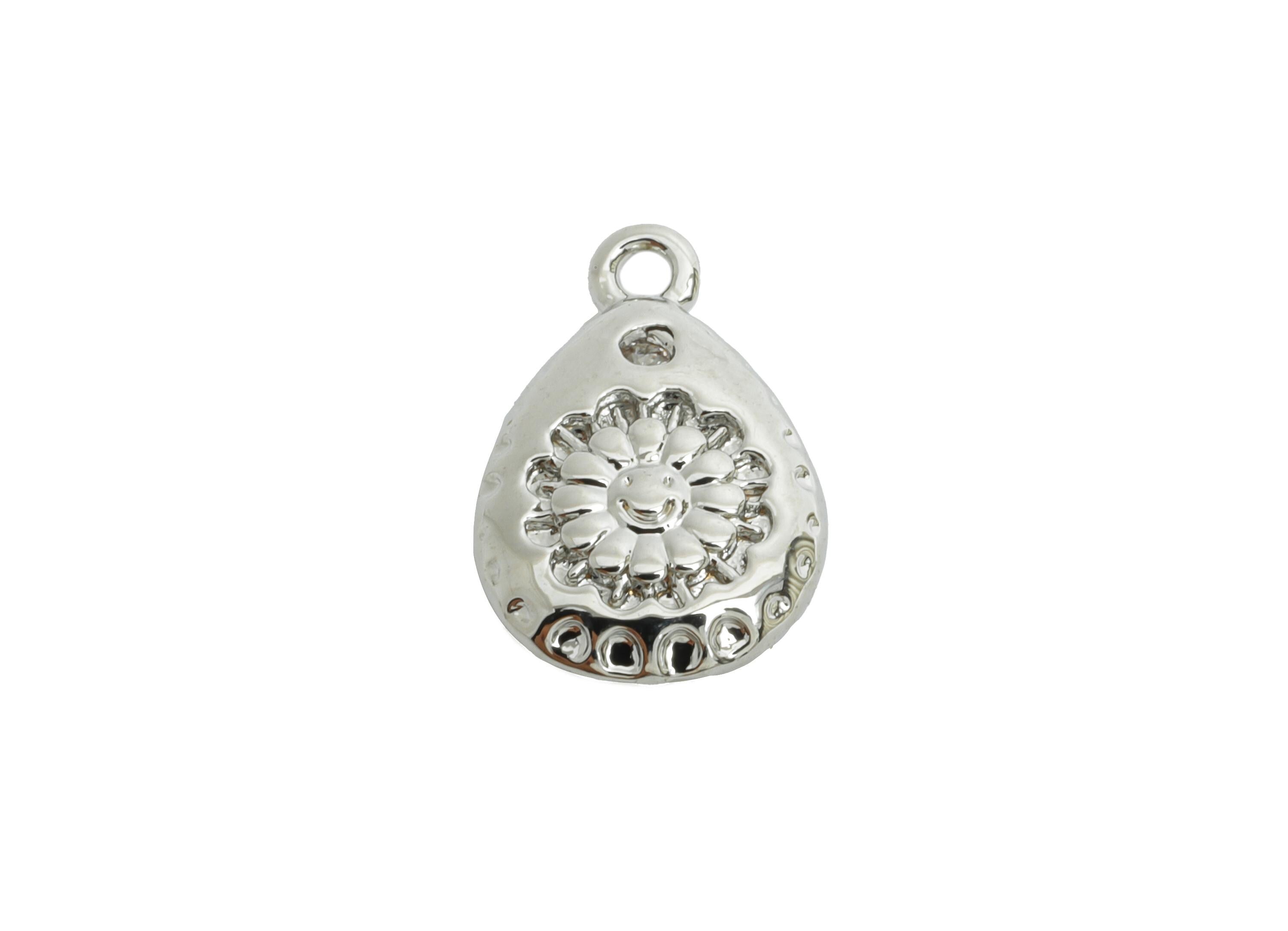 Brass Teardrop Daisy Charm - Vintage Geometry Cubic Zircon Charm - Floral Textured Charm - 18K Real White Gold Plated - 12x8x2mm -RGP9909S - DOMEDBAZAAR