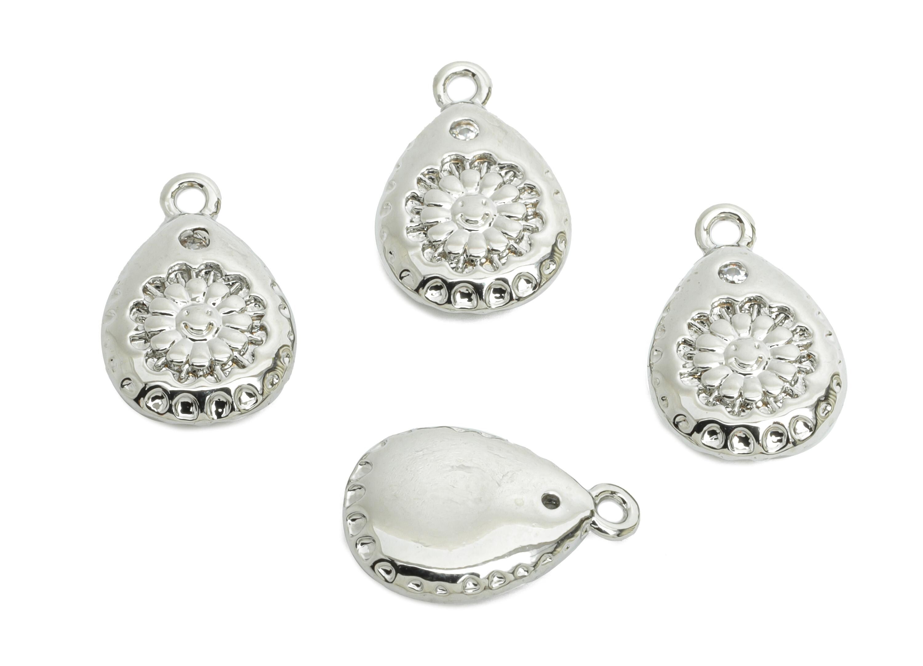 Brass Teardrop Daisy Charm - Vintage Geometry Cubic Zircon Charm - Floral Textured Charm - 18K Real White Gold Plated - 12x8x2mm -RGP9909S - DOMEDBAZAAR