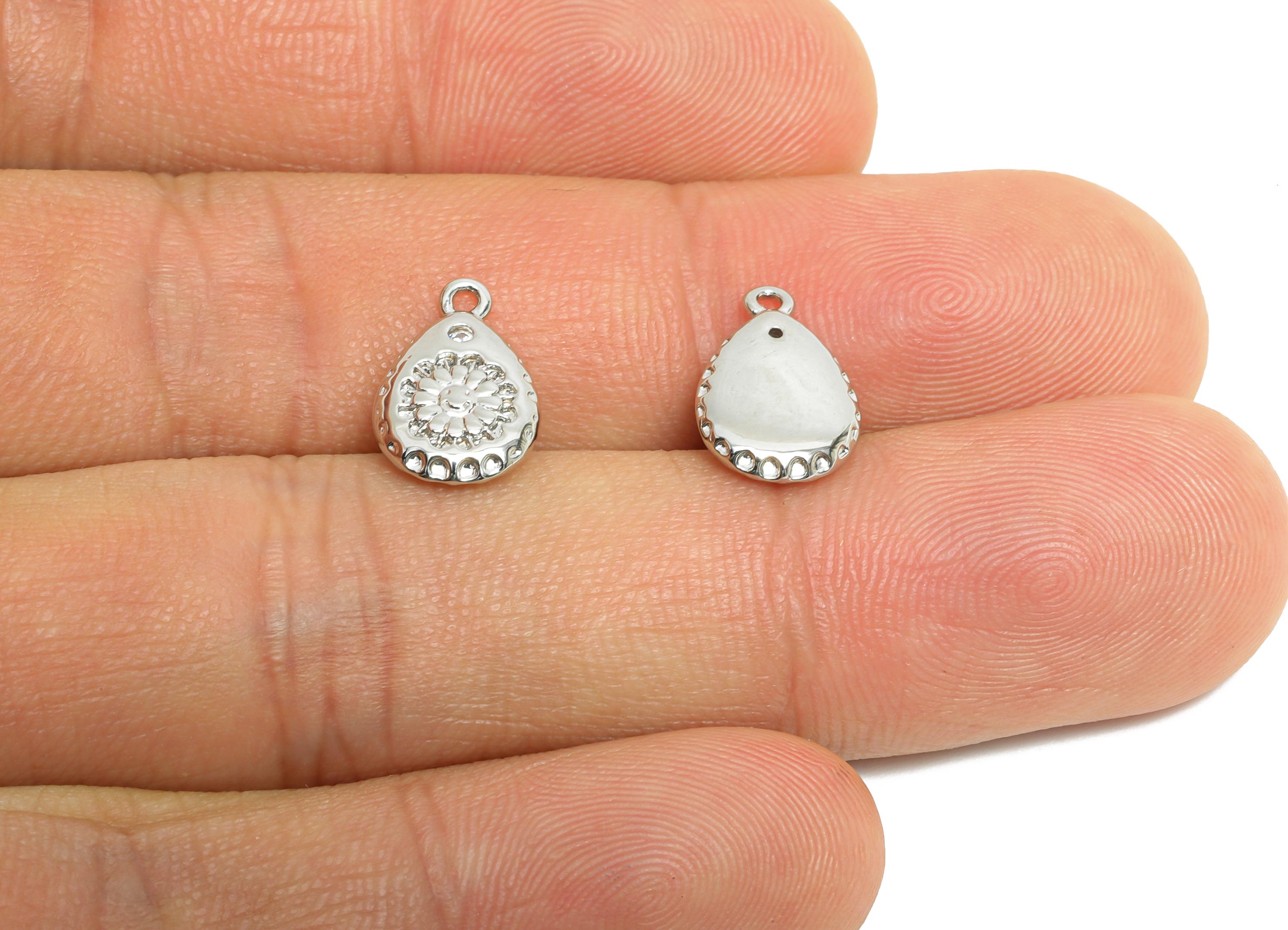 Brass Teardrop Daisy Charm - Vintage Geometry Cubic Zircon Charm - Floral Textured Charm - 18K Real White Gold Plated - 12x8x2mm -RGP9909S - DOMEDBAZAAR
