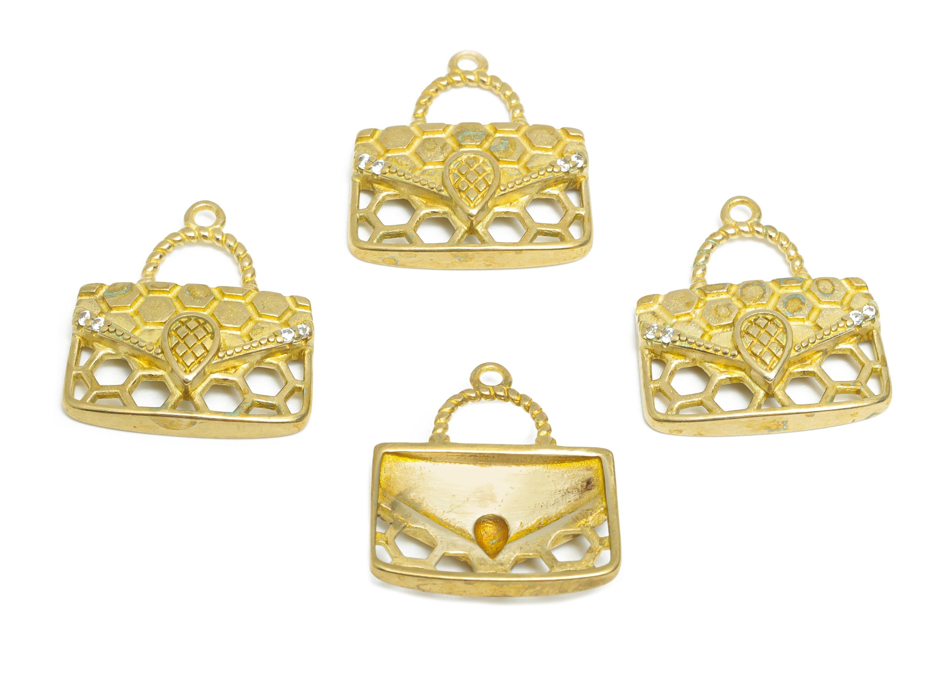 Brass Zircon Handbag Charm - Raw Brass Zircon Hollow Elegant Bag Pendant - Brass Fashionable Charm for Accessories - 17x15x3mm - PP11051 - DOMEDBAZAAR