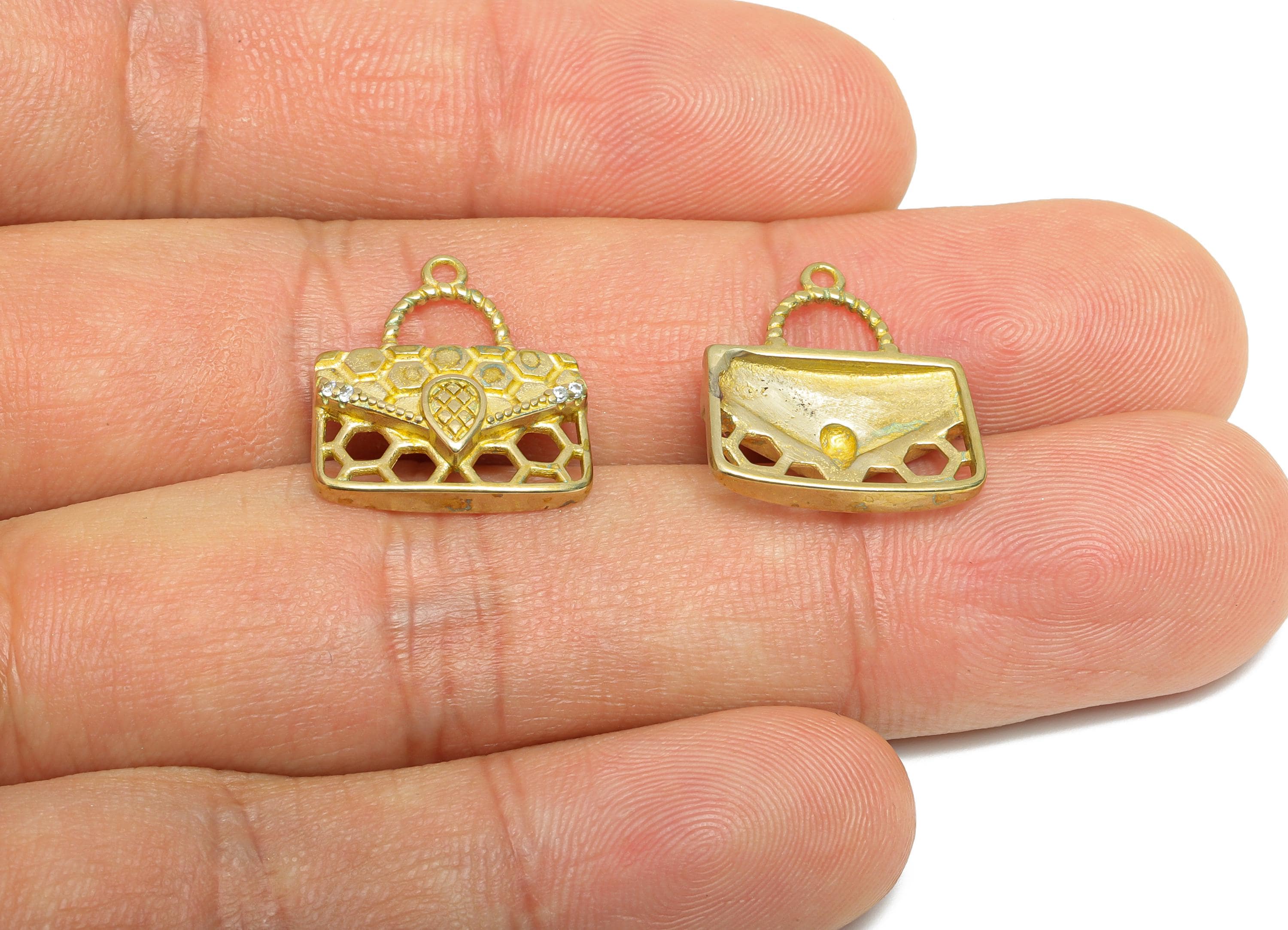 Brass Zircon Handbag Charm - Raw Brass Zircon Hollow Elegant Bag Pendant - Brass Fashionable Charm for Accessories - 17x15x3mm - PP11051 - DOMEDBAZAAR
