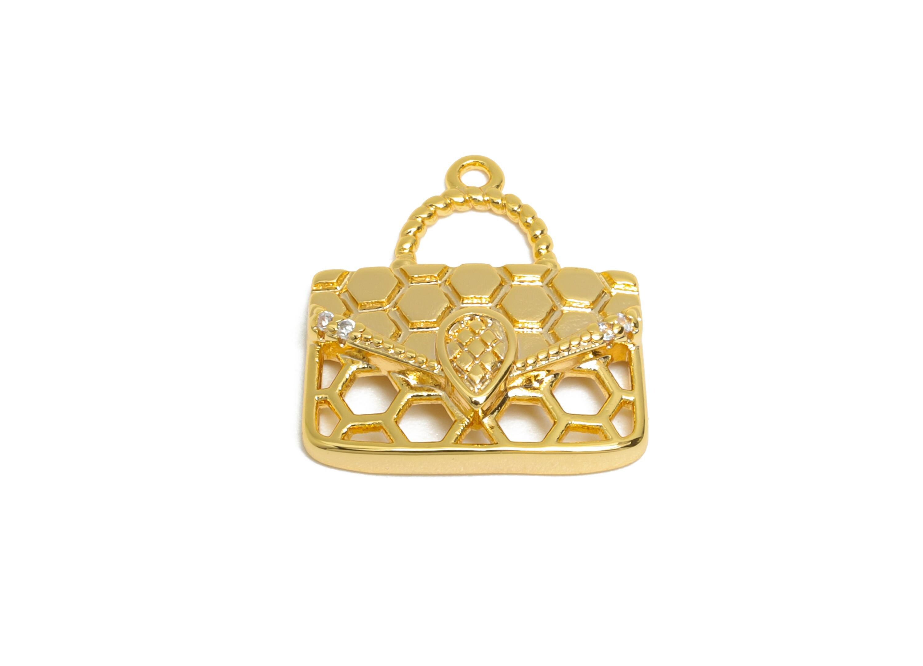 Brass Zircon Handbag Charm - Brass Zircon Hollow Elegant Bag Pendant - Gold Fashionable Charm - 18k Real Gold Plating - 17x15x3mm - RGP10395 - DOMEDBAZAAR