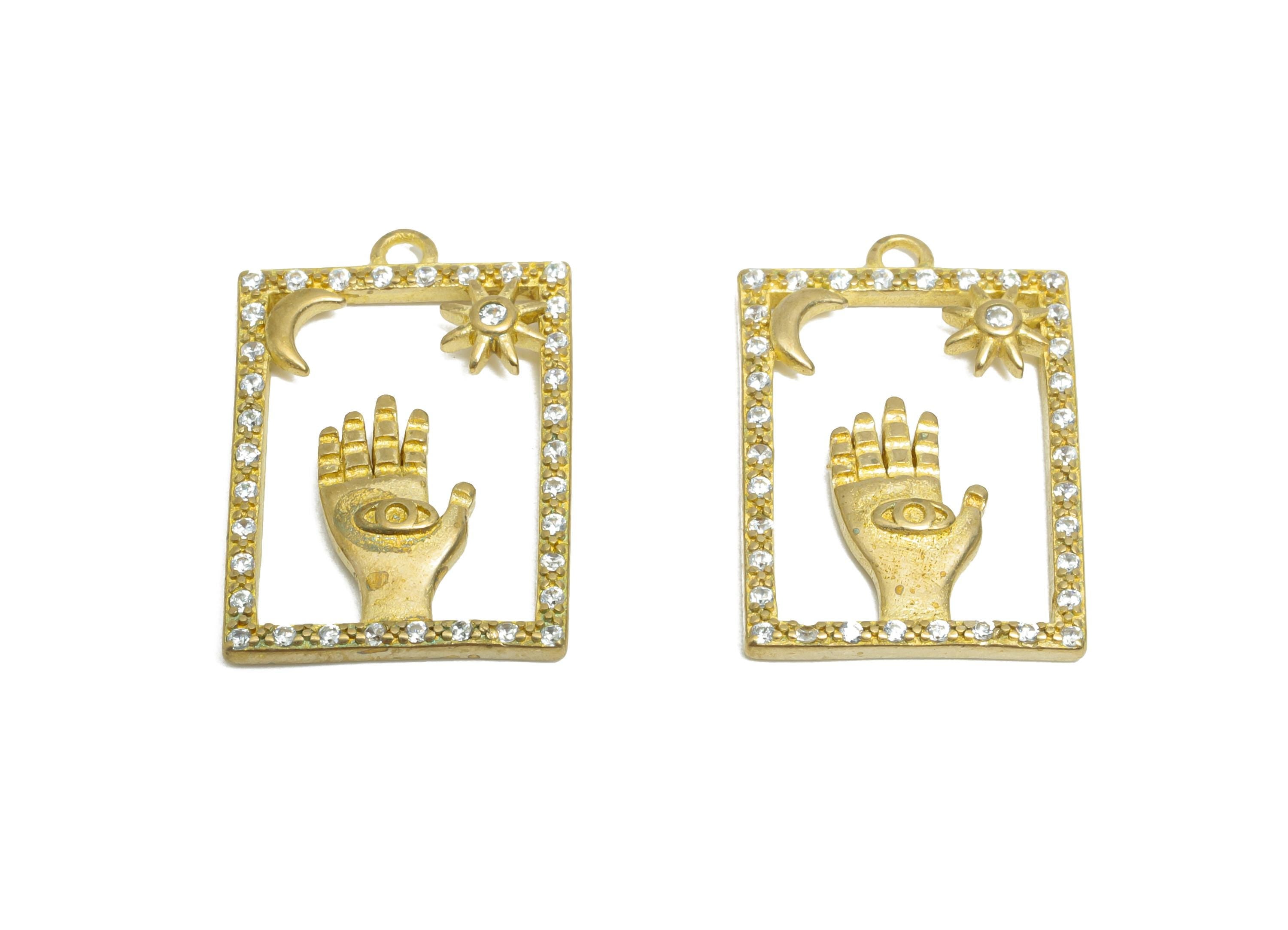 CZ Boho Mystical Charm - Raw Brass Dazzling Moon and Sun Frame Pendant - Sparkling Space Zircon Hand Sign Eye - 21.32x14x2mm - PP11067 - DOMEDBAZAAR