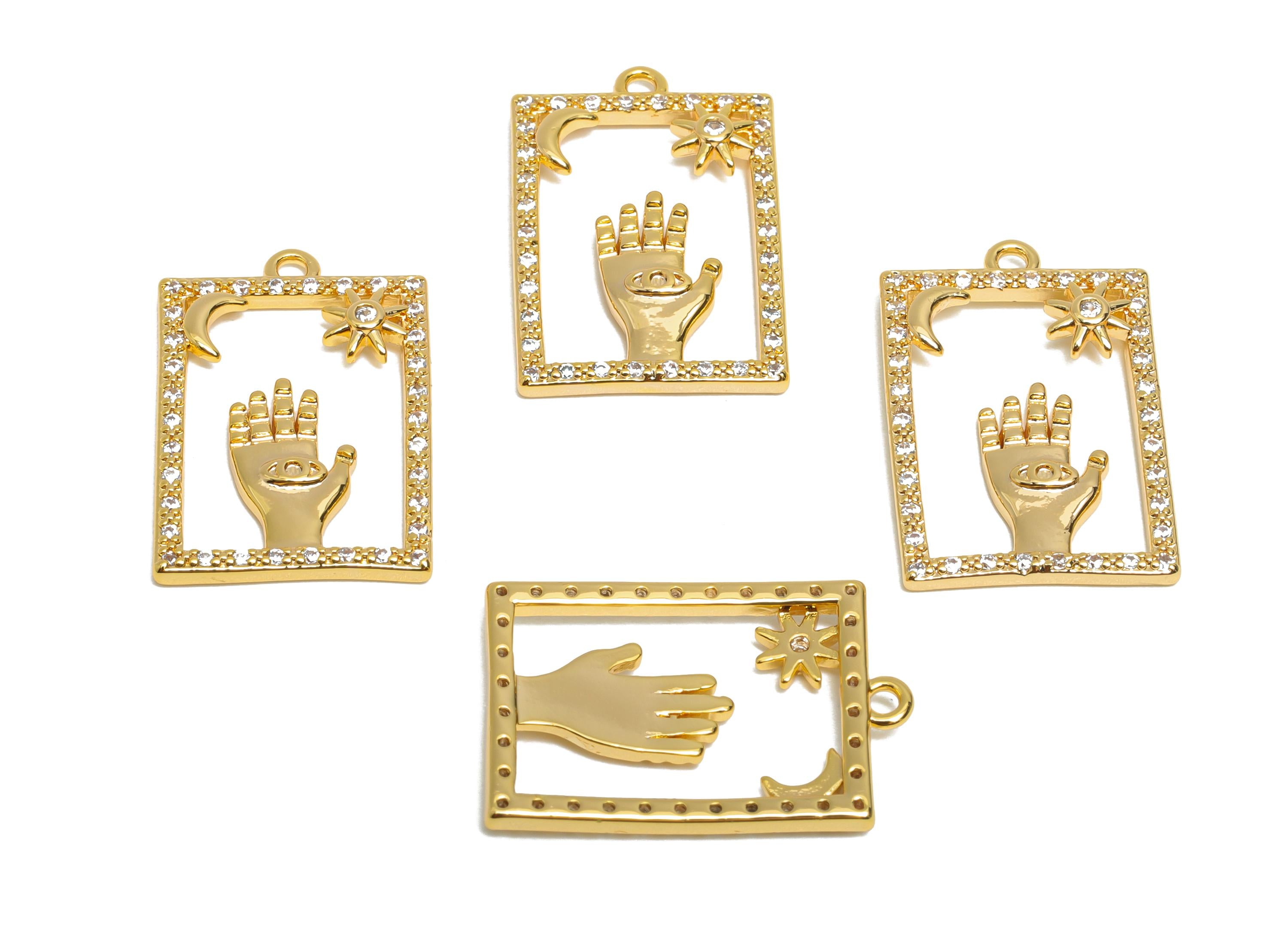 CZ Boho Mystical Charm - Brass Dazzling Moon and Sun Frame Pendant - Sparkling Hand Sign Eye - 18K Real Gold Plated - 21x14x2mm - RGP10408 - DOMEDBAZAAR