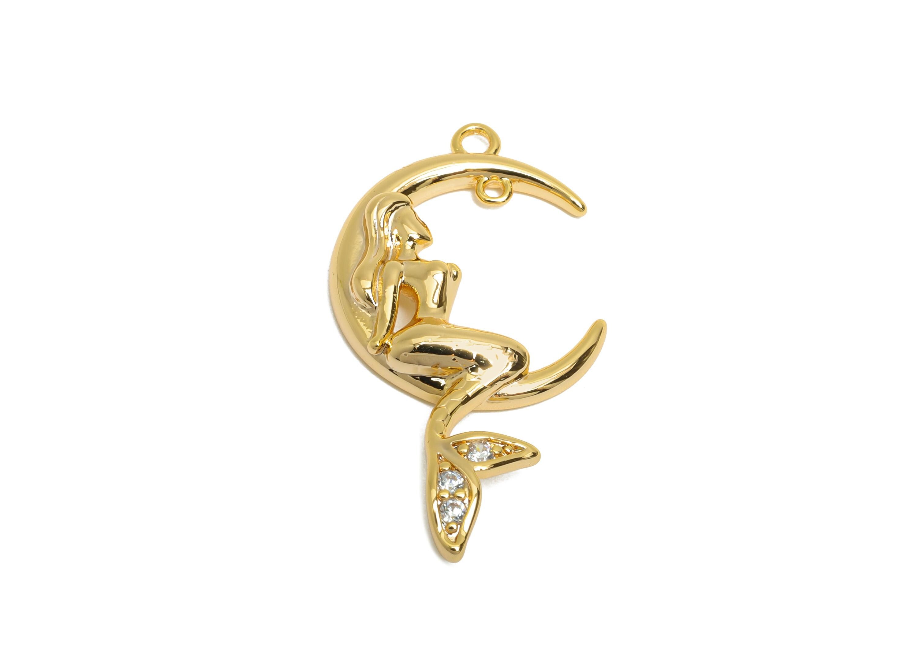 Mermaid Earring Charm - Brass Crescent Pendant - CZ Sparkling Lover Gift  - Feminine Energy Charm - 18k Real Gold Plated -29x15x3mm-RGP10411 - DOMEDBAZAAR
