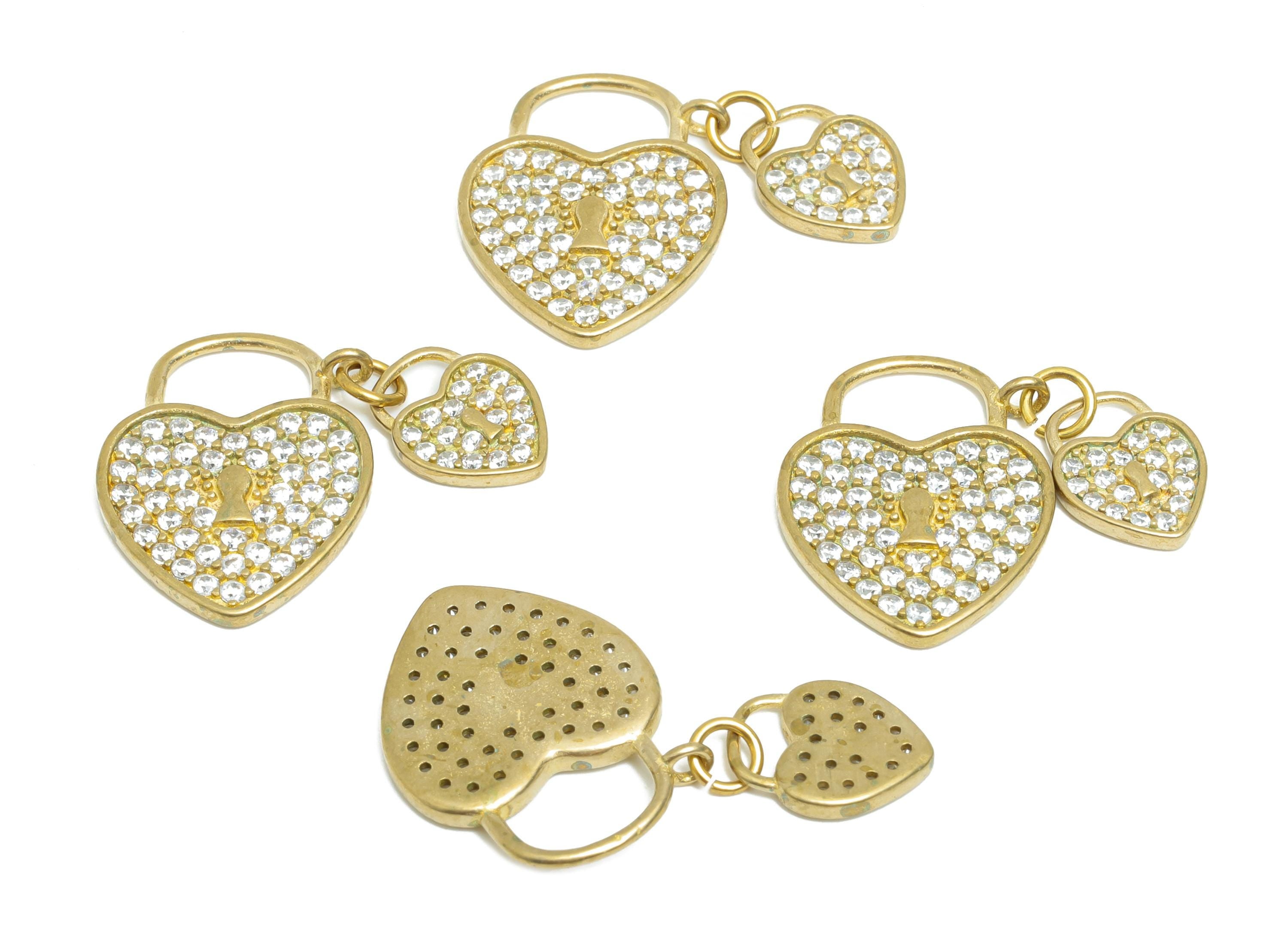 Love Lock Pendant Charm - Raw Brass Sparkling Heart Pendant - CZ Couple&#39;s Jewelry Charm - Romantic Crystal Lock Charm - 19x23x2mm - PP11055 - DOMEDBAZAAR