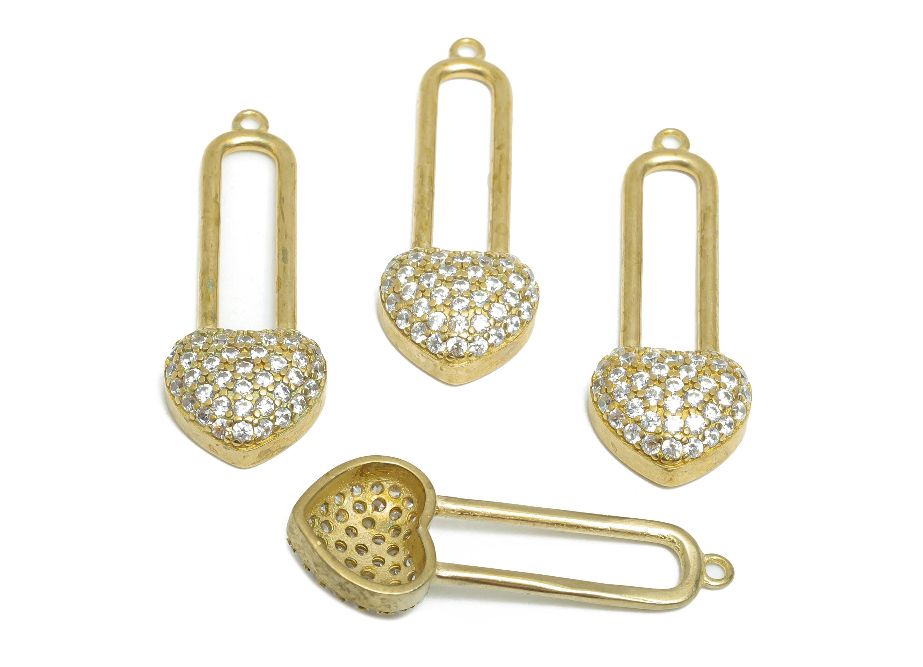 Heart Padlock Pendant - Raw Brass Sparkling Heart Pendant - Rhinestone Heart Lock - Romantic Crystal Lock Charm - 32x11.67x4mm - PP11069 - DOMEDBAZAAR