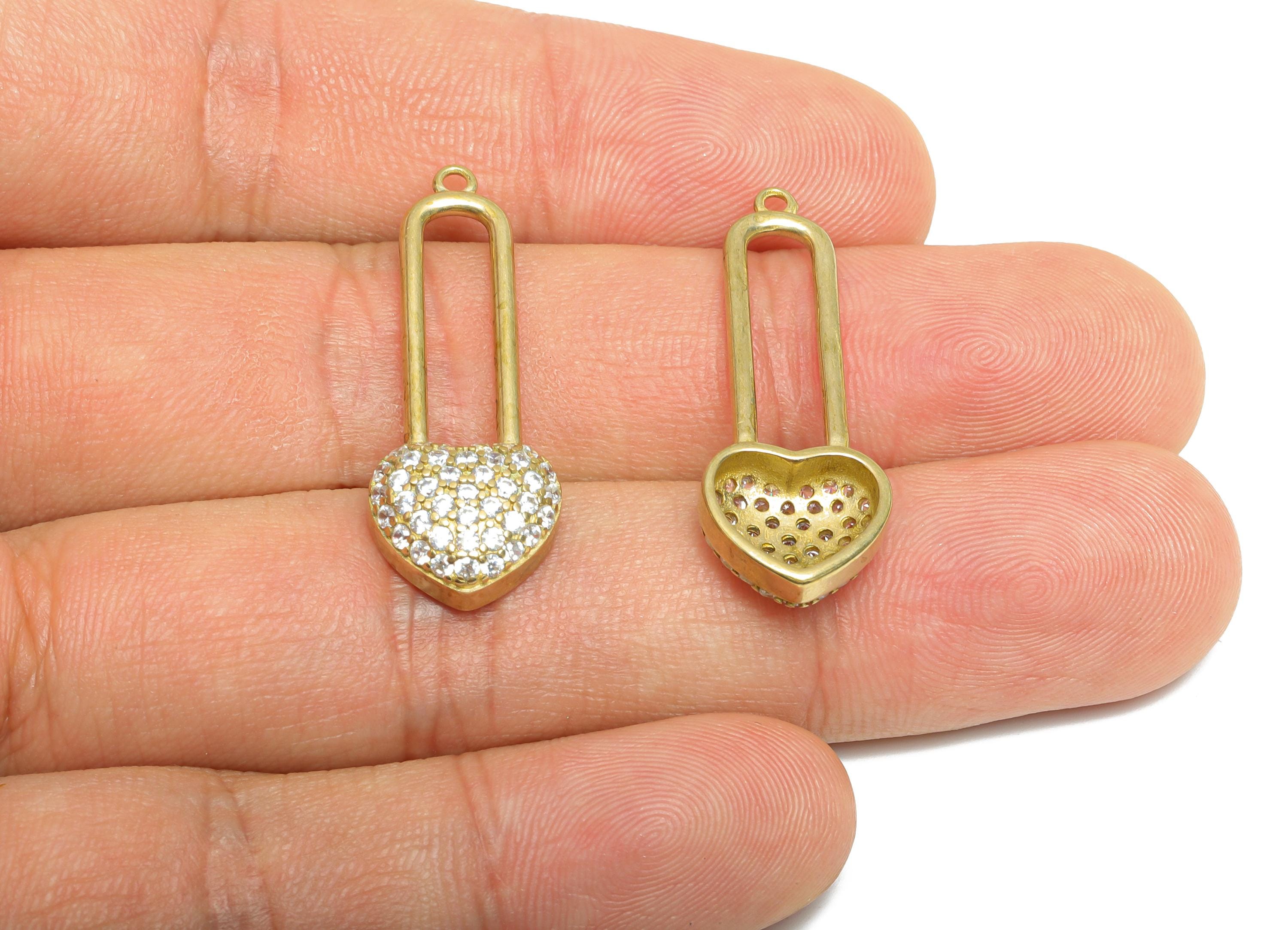 Heart Padlock Pendant - Raw Brass Sparkling Heart Pendant - Rhinestone Heart Lock - Romantic Crystal Lock Charm - 32x11.67x4mm - PP11069 - DOMEDBAZAAR