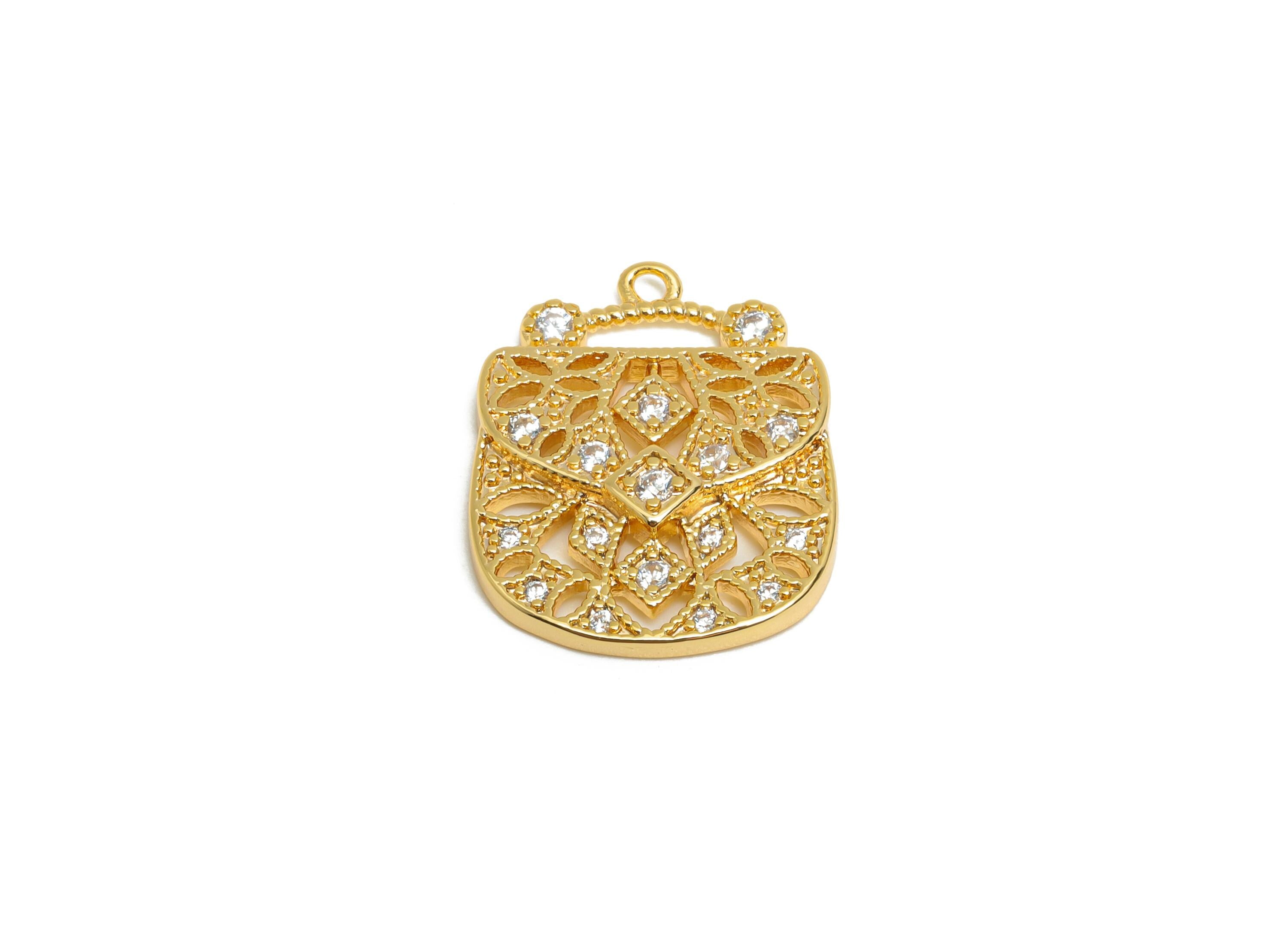 Brass Handbag Charm - Brass Glamorous Zircon Elegant Bag Pendant - Sparkling Fashionable Charm - 18K Real Gold Plated - 20x16x2mm - RGP10397 - DOMEDBAZAAR