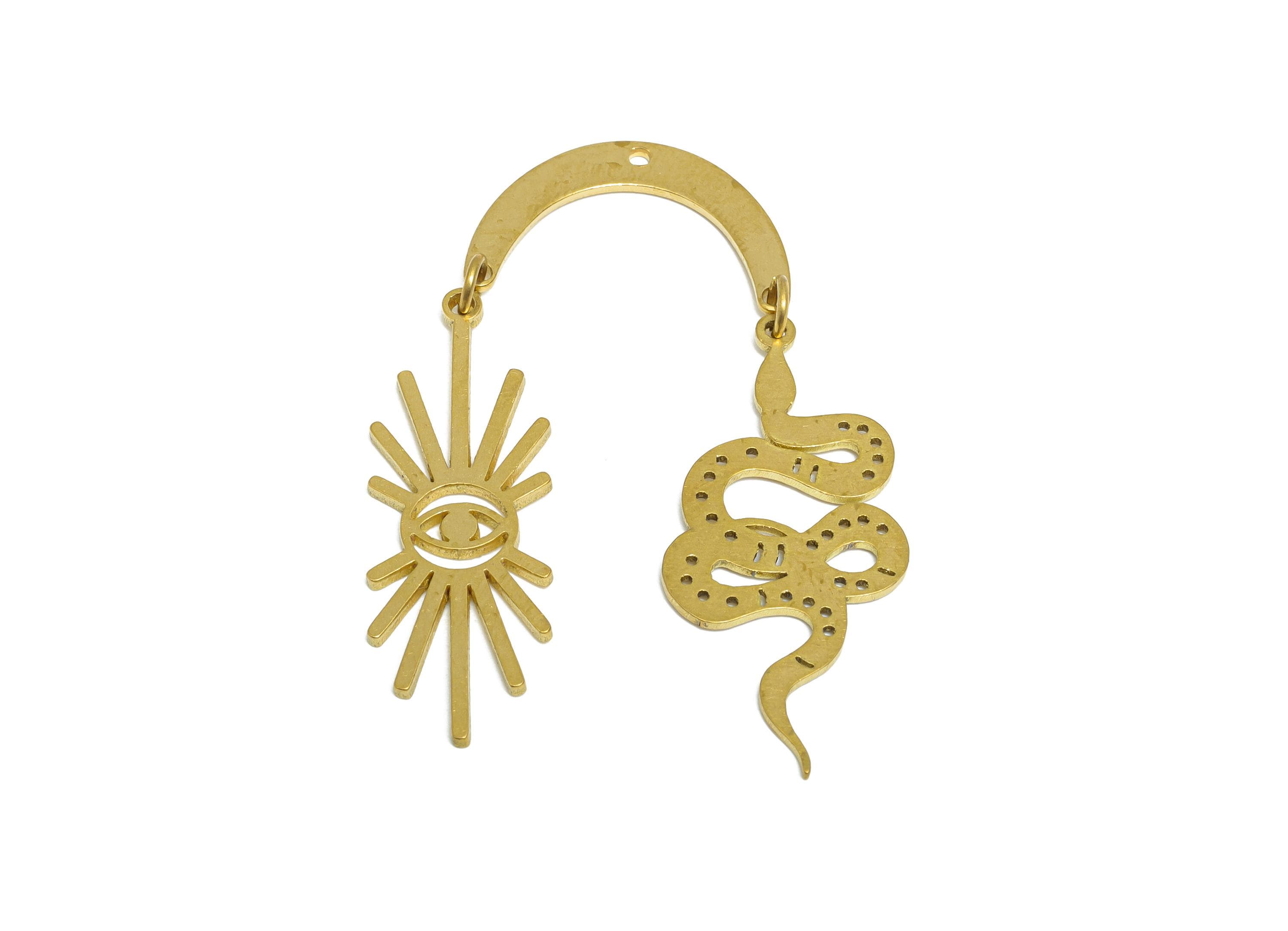 Snake Earring Dangle Charm - Raw Brass Illuminating Sunburst Eye Charm - Celestial Serpent Symbol - All See Eye Amulet - 44x19x1mm - PP11073 - DOMEDBAZAAR