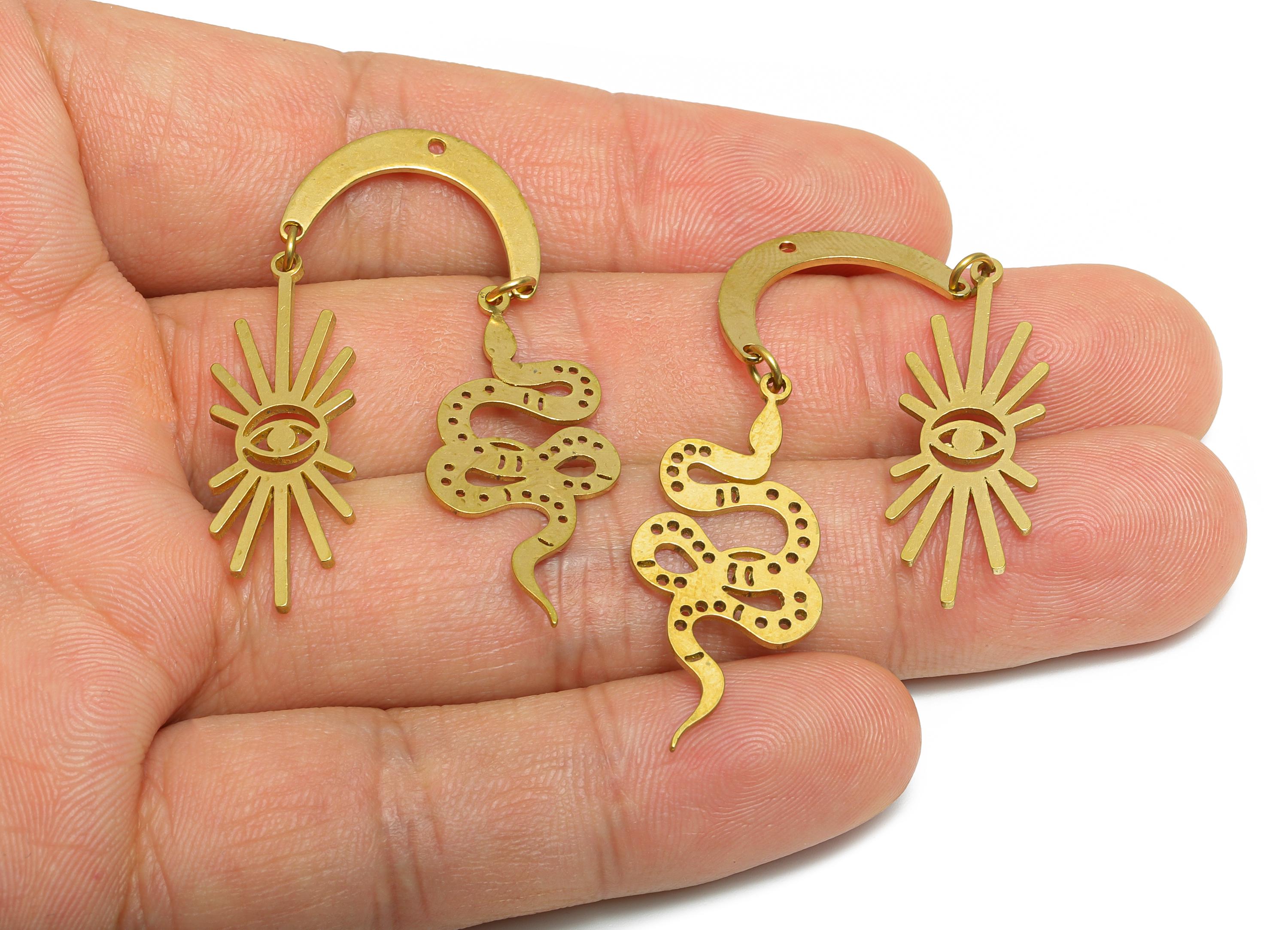 Snake Earring Dangle Charm - Raw Brass Illuminating Sunburst Eye Charm - Celestial Serpent Symbol - All See Eye Amulet - 44x19x1mm - PP11073 - DOMEDBAZAAR