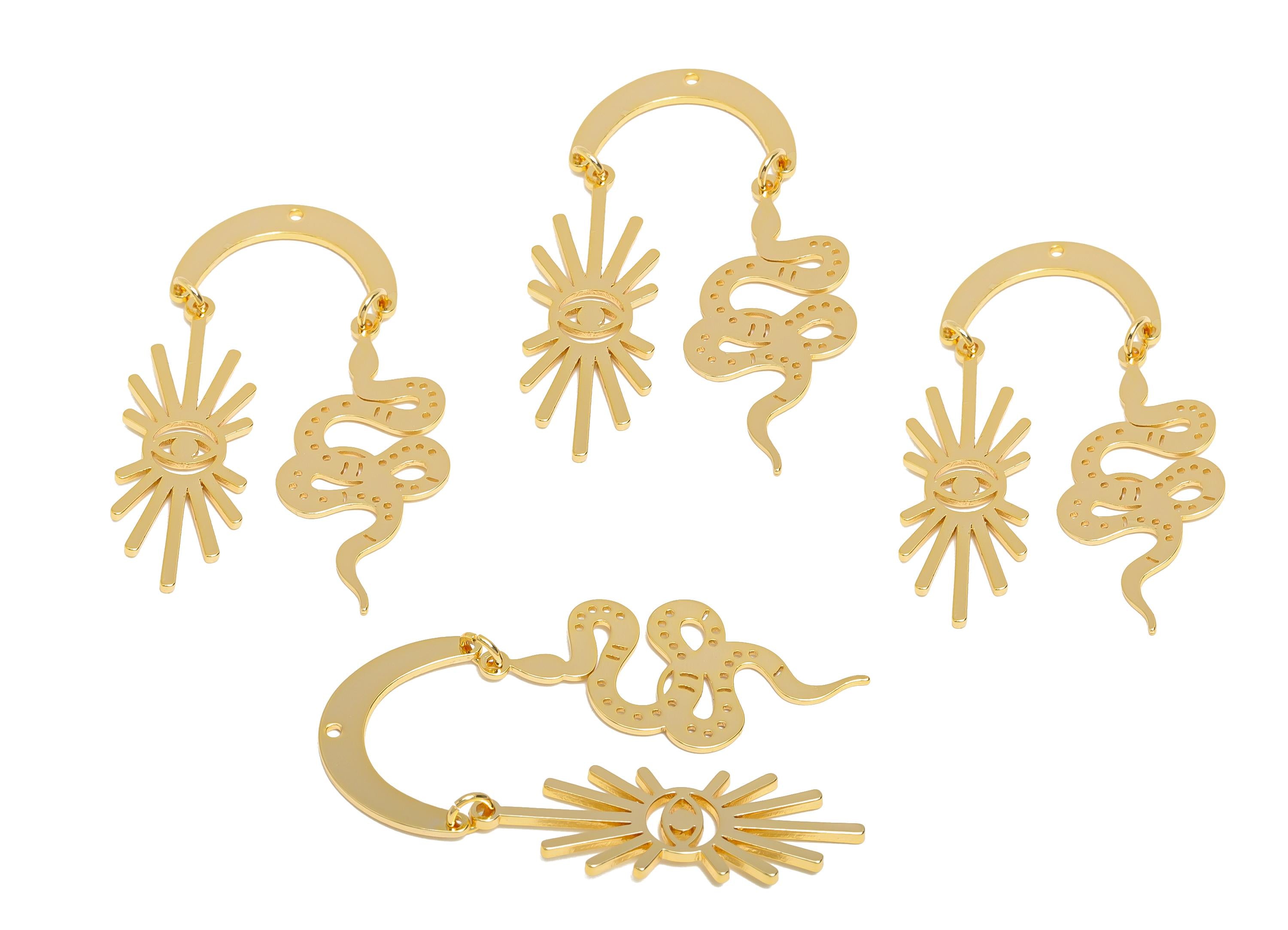 Snake Earring Dangle Charm - Brass Illuminating Sunburst Eye Charm - 18k Real Gold Plating - All Seeing Eye Amulet - 44x19x0.9mm - RGP10414 - DOMEDBAZAAR