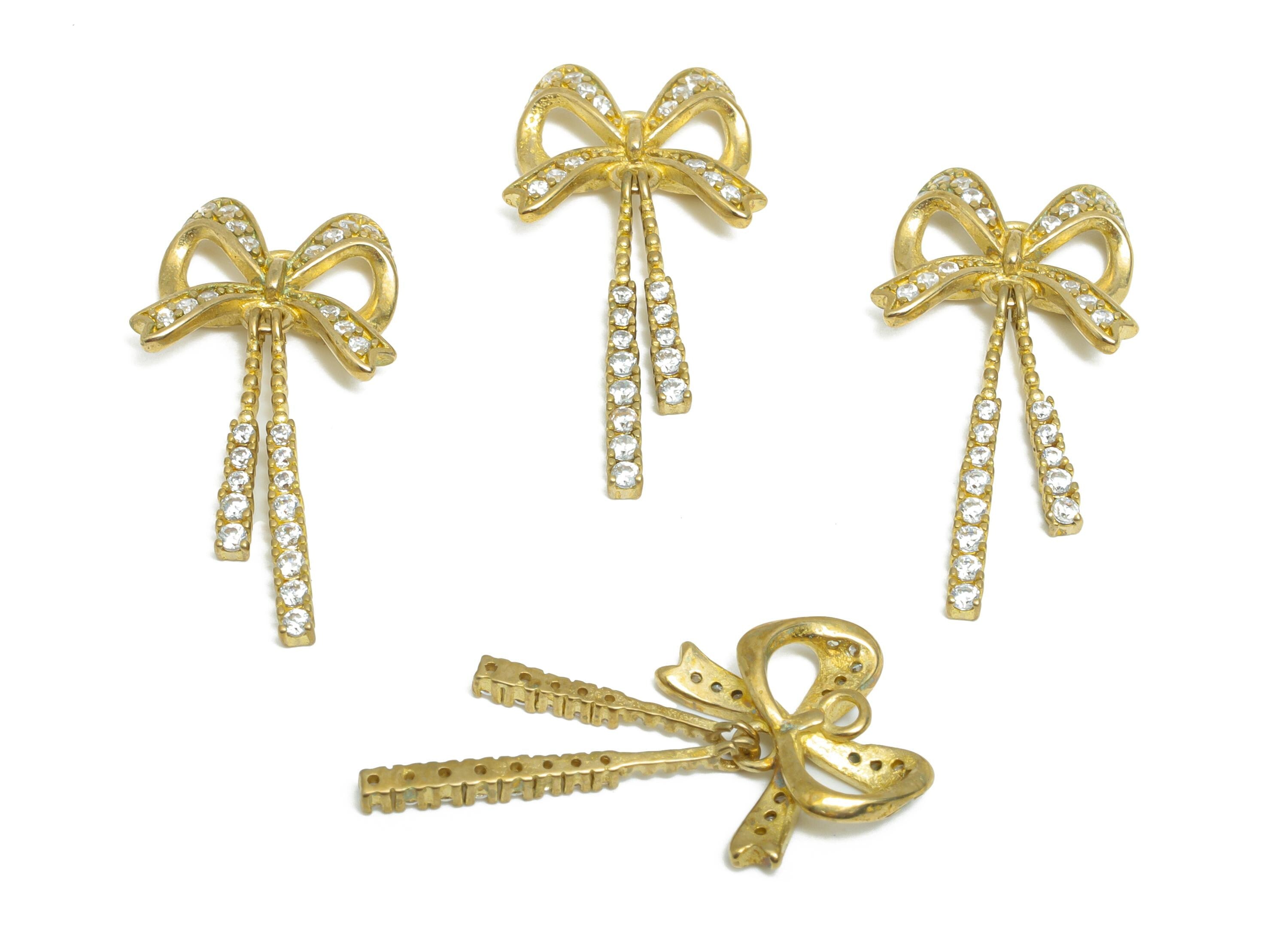 Rhinestone Bow Jewelry - Raw Brass Dangle Bow Charm - Brass Sparkling Bow Tie with Dangling Crystal - Luxury Bow Accent - 27x13x3mm -PP11064 - DOMEDBAZAAR