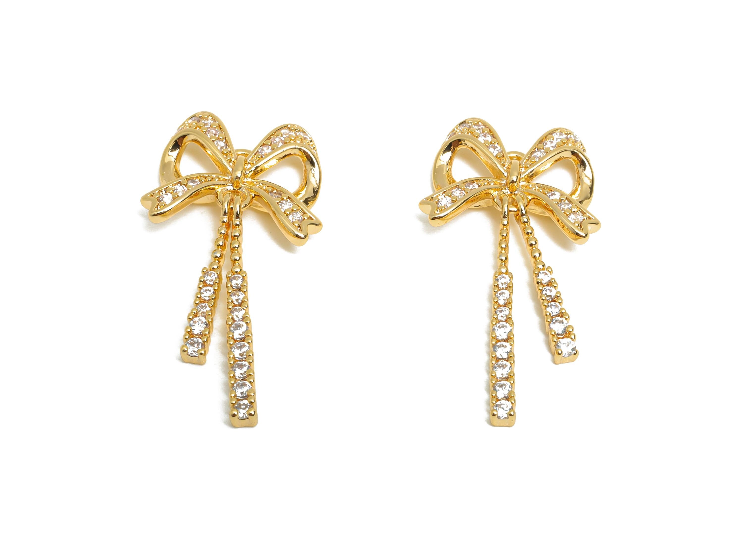 Rhinestone Bow Jewelry - Brass Dangle Bow Charm - Sparkling Bow Tie Dangling Crystal - Luxury Bow - 18k Real Gold Plated -27x13x3mm-RGP10405 - DOMEDBAZAAR