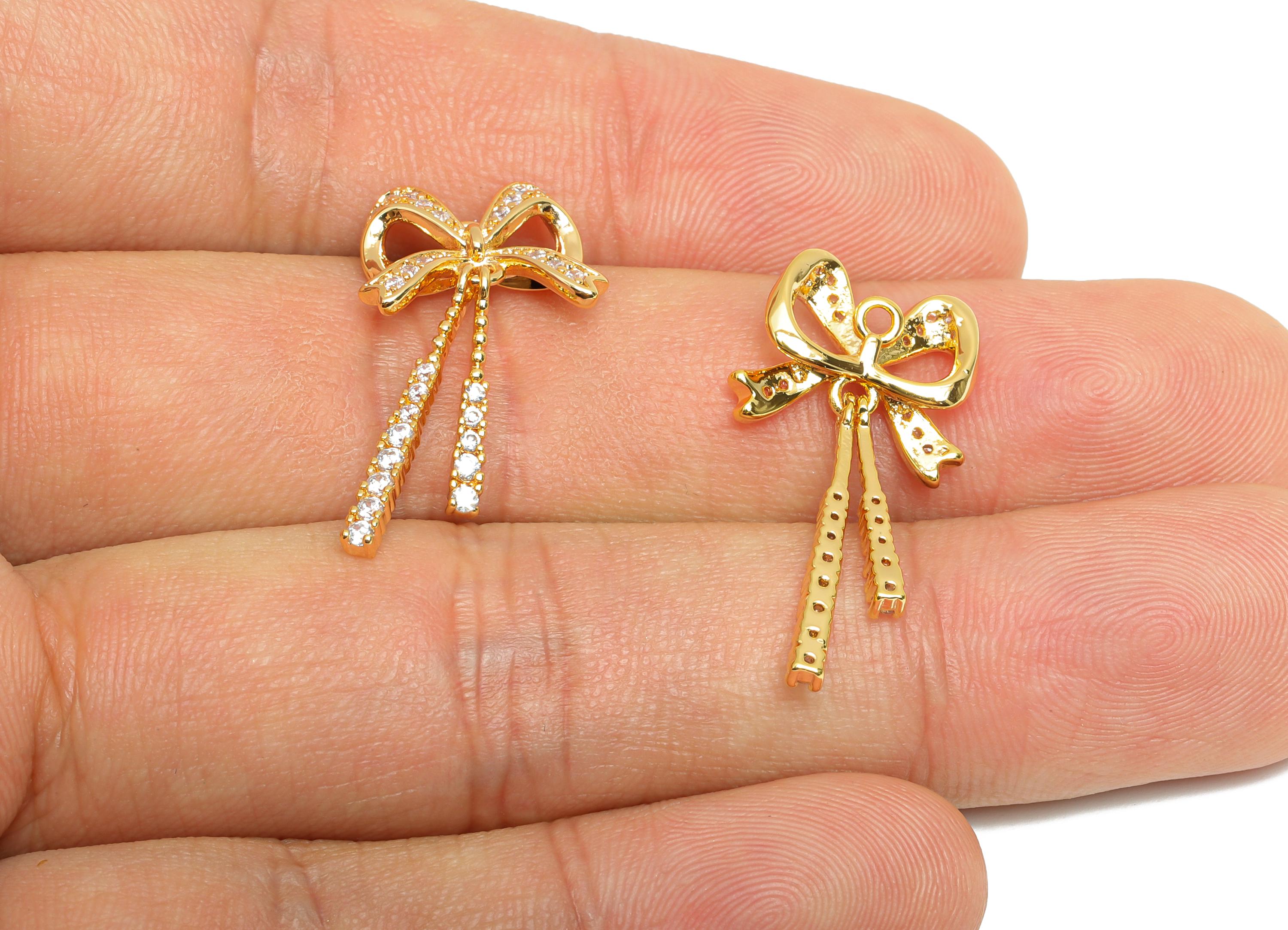 Rhinestone Bow Jewelry - Brass Dangle Bow Charm - Sparkling Bow Tie Dangling Crystal - Luxury Bow - 18k Real Gold Plated -27x13x3mm-RGP10405 - DOMEDBAZAAR