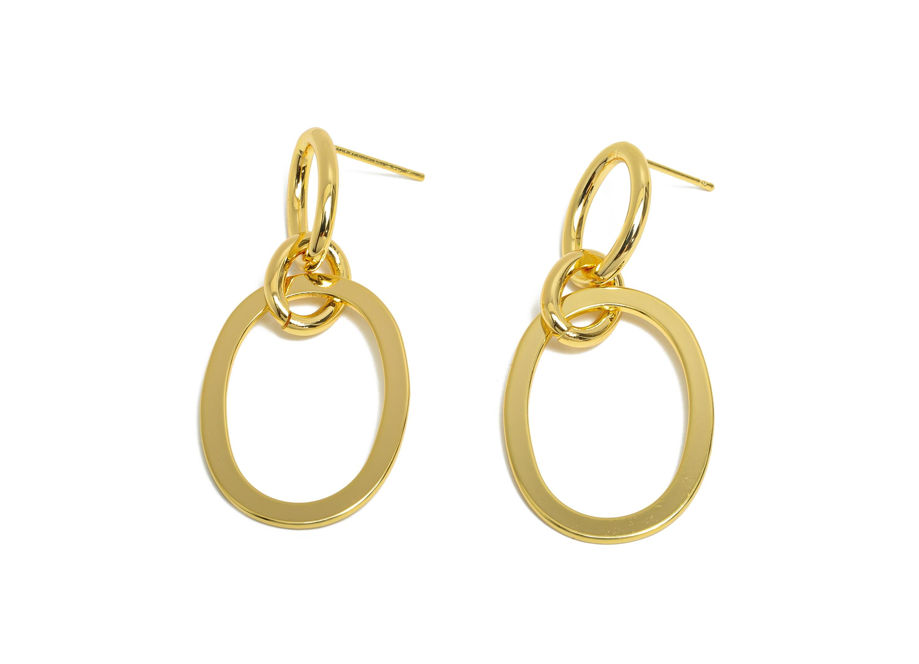 Brass Oval Ring Dangle Earring - Gold Interlock Oval Earring Post - Geometric Hanging Earring Post - 18K Gold Plated - 41x20x1mm - RGP9532 - DOMEDBAZAAR