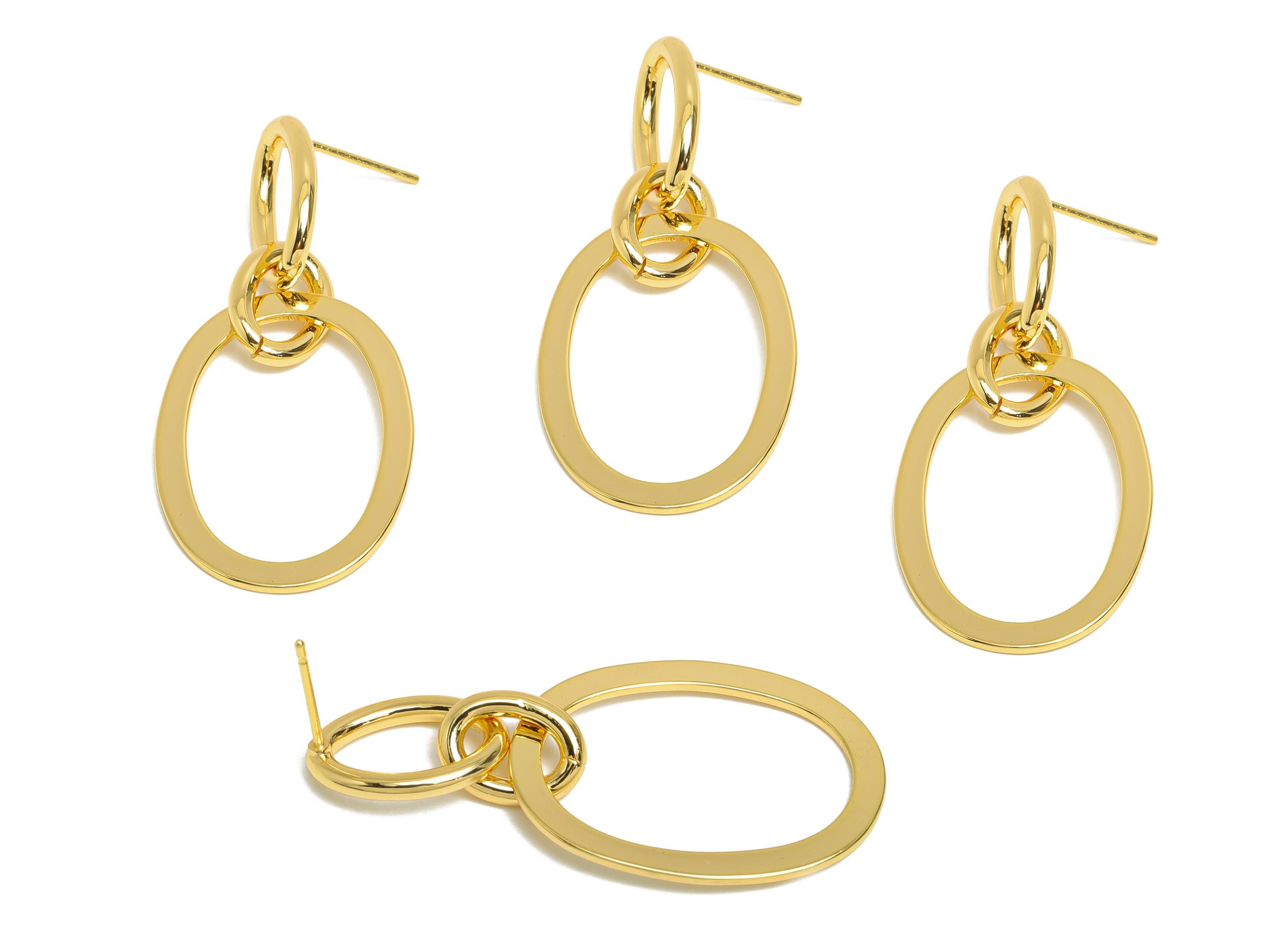 Brass Oval Ring Dangle Earring - Gold Interlock Oval Earring Post - Geometric Hanging Earring Post - 18K Gold Plated - 41x20x1mm - RGP9532 - DOMEDBAZAAR