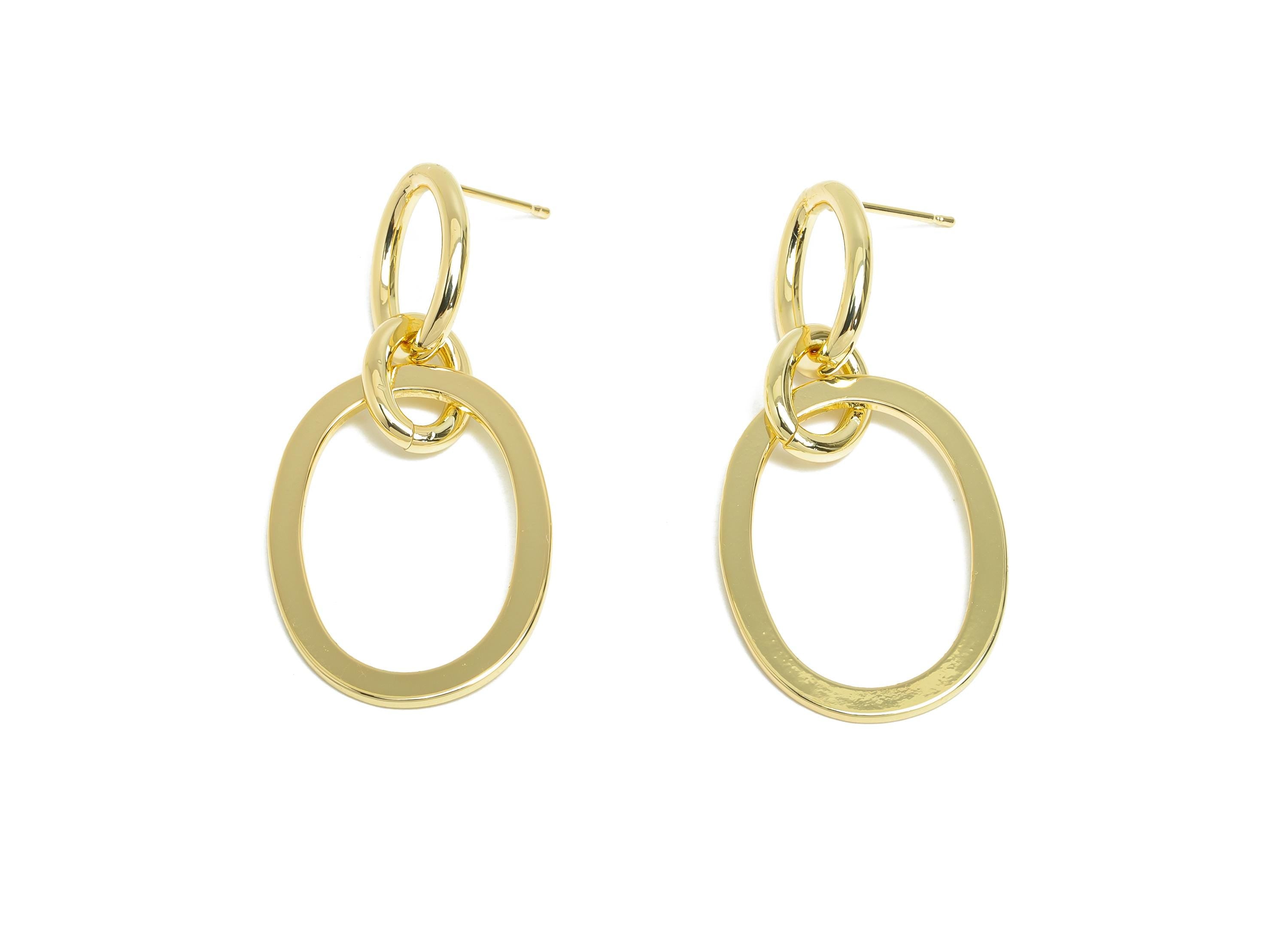 Brass Oval Ring Dangle Earring - Gold Interlock Oval Earring Post - Geometric Hanging Earring Post -14K Gold Plated -41x20x1mm - RGP9532-14 - DOMEDBAZAAR