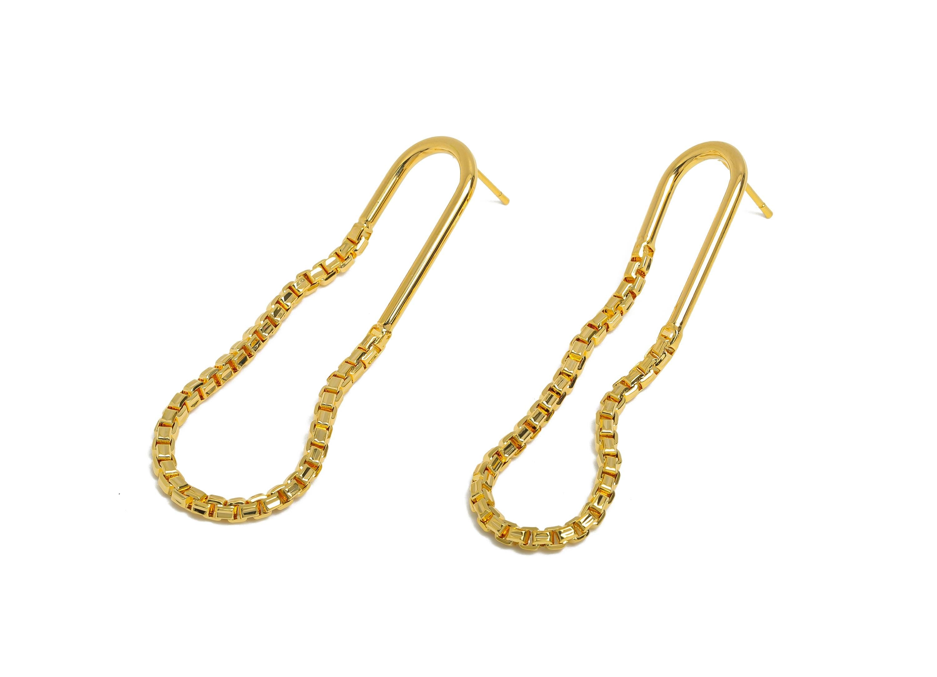 Brass Hanging Earring Stud - Gold Box Chain Earring Post - Geometric Long Dangle Earring Post - 18K Real Gold Plated - 57x13.2x2mm - RGP9505 - DOMEDBAZAAR