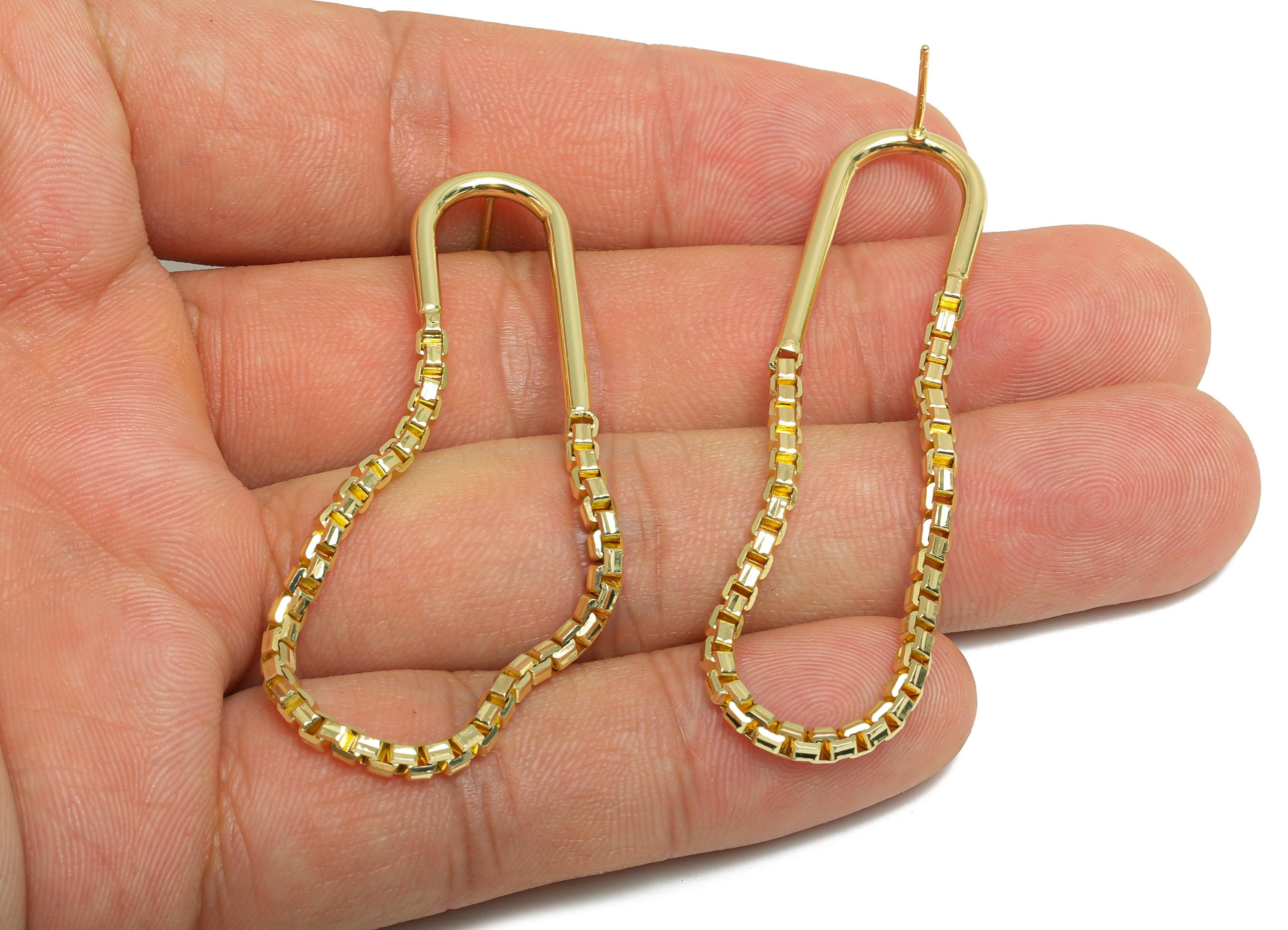 Brass Hanging Earring Stud - Gold Box Chain Earring Post - Geometric Dangle Earring Post - 14K Real Gold Plated - 57x13.2x2mm - RGP9505-14 - DOMEDBAZAAR