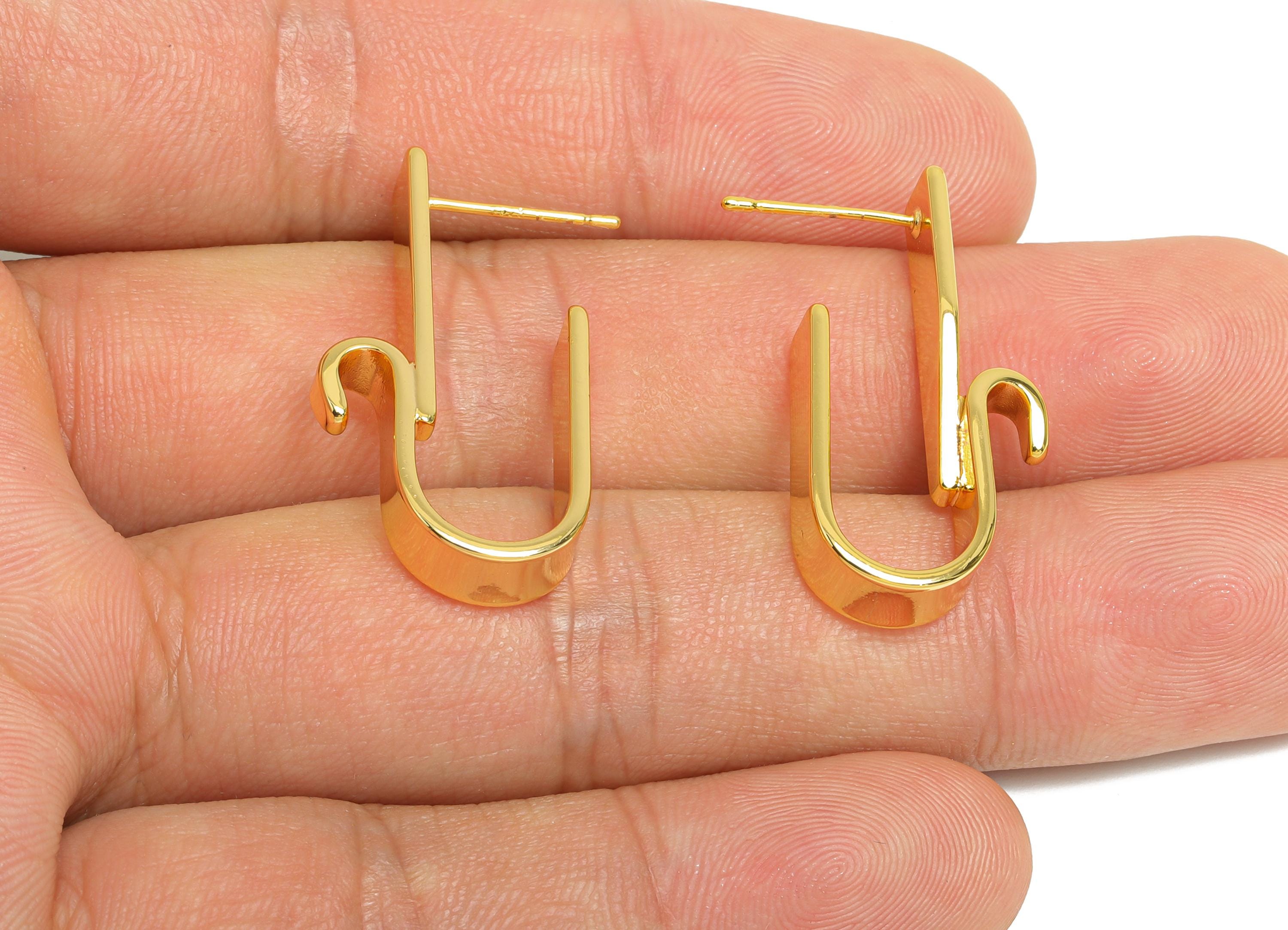 Brass Curved Hook Earring - Gold Bold Hook Earring Stud - Abstract U-Shaped Earring - 18K Real Gold Plating Brass - 30.6x15.5x5mm - RGP9523 - DOMEDBAZAAR