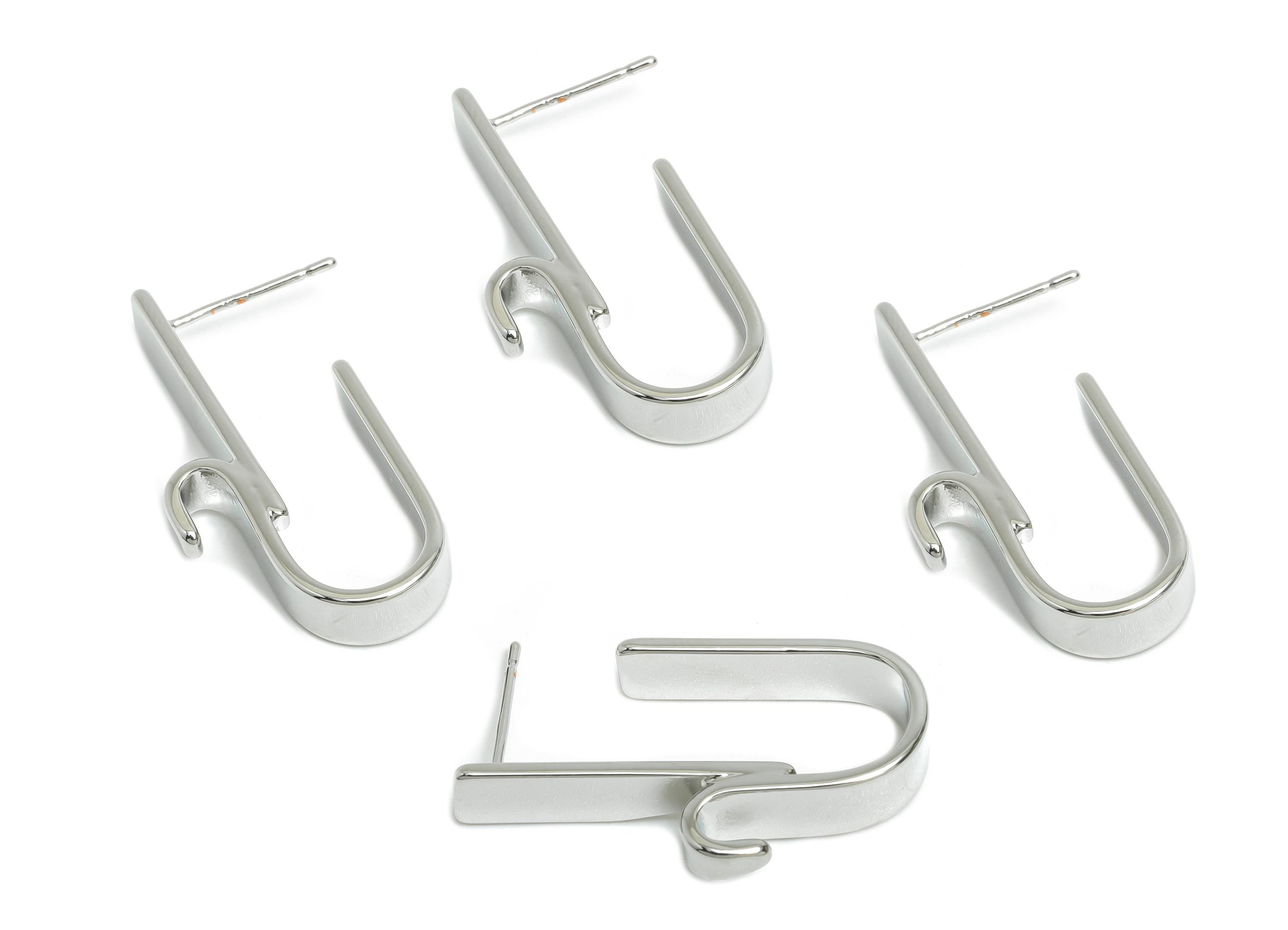 Brass Curved Hook Earring - Silver Bold Hook Earring Stud - Abstract U-Shaped Earring - 18K Real White Gold Plated -30.6x15.5x5mm - RGP9523S - DOMEDBAZAAR