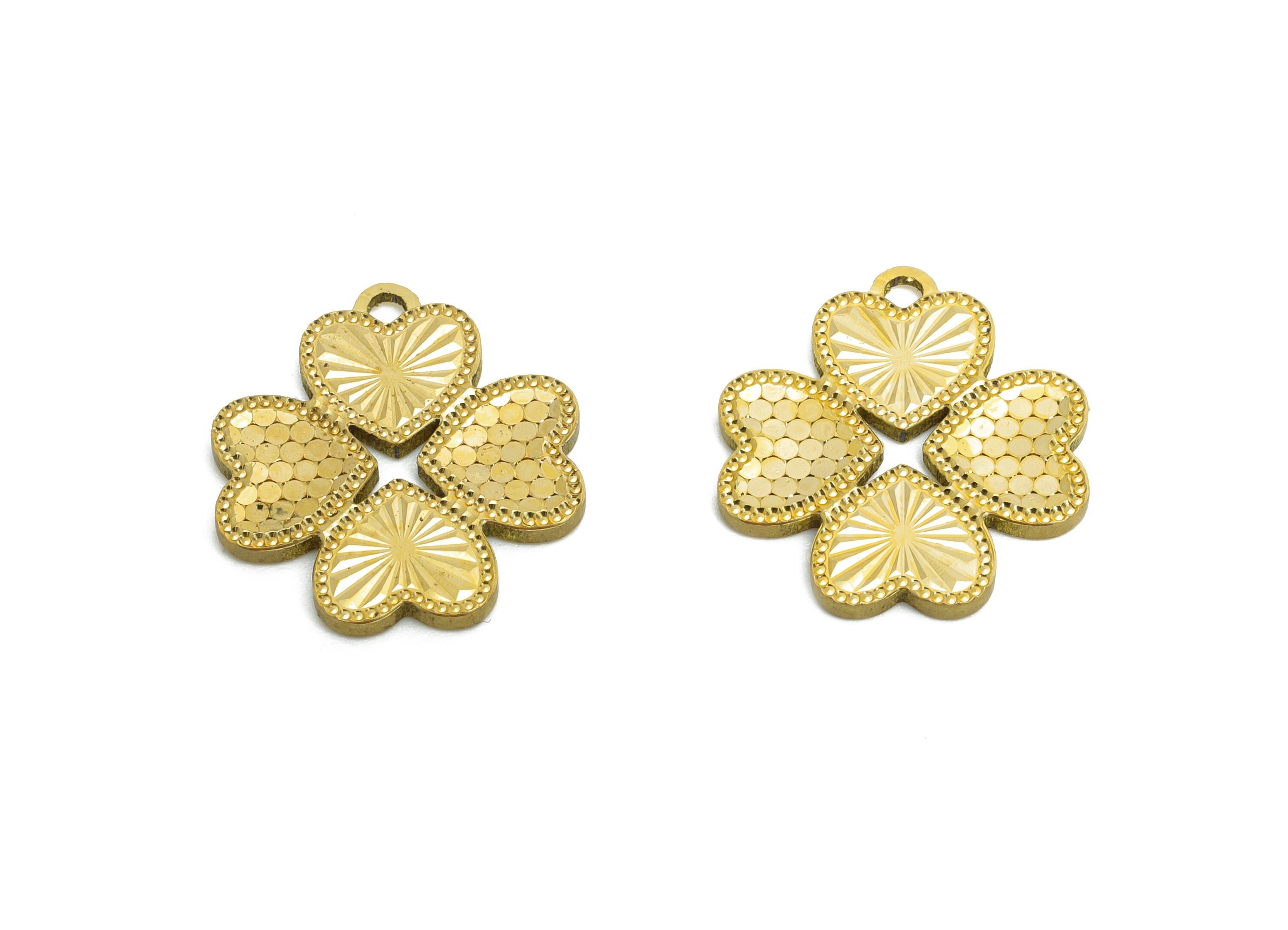 Four-Leaf Clover Earring Charm - Raw Brass Textured Laser Cut Heart Charm - Good luck Jewelry - Luxury Pendant - 15x14x1.25mm - PP11150 - DOMEDBAZAAR