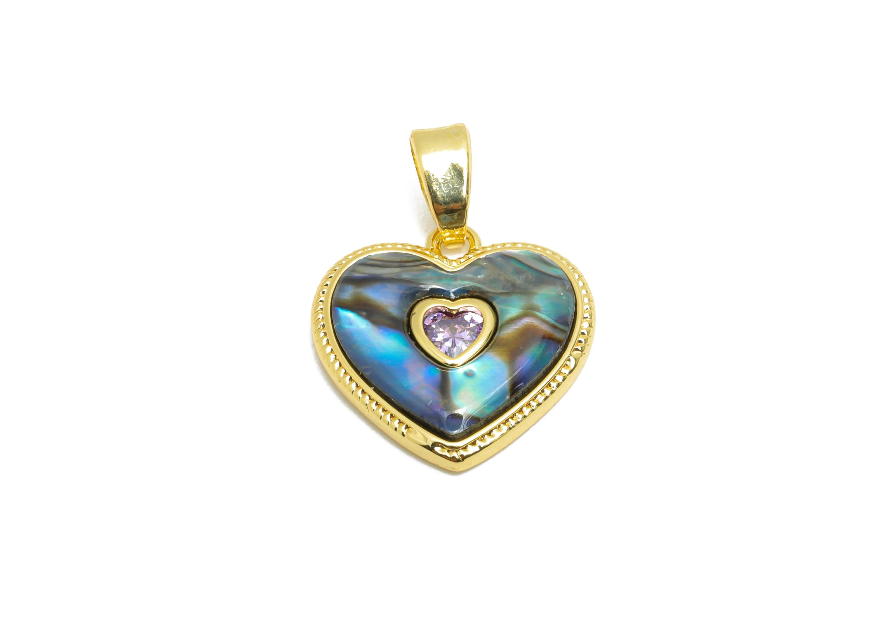 Brass CZ Heart Pendant - Gold Zircon Abalone Shell Pendant for Necklace - Refined Jewelry - 18K Gold-Plated - 13.43x13.74x3.03mm - RGP10647 - DOMEDBAZAAR