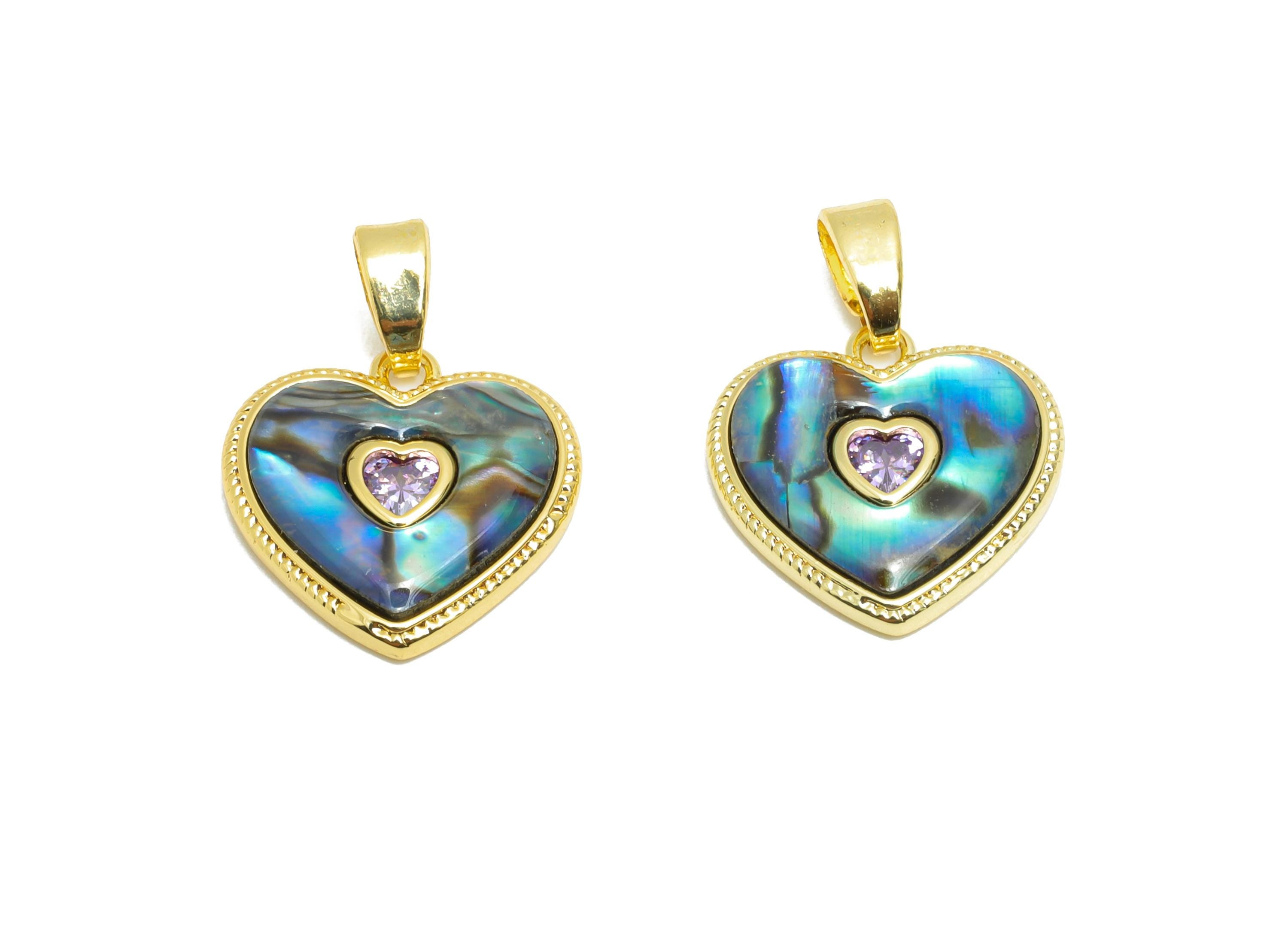 Brass CZ Heart Pendant - Gold Zircon Abalone Shell Pendant for Necklace - Refined Jewelry - 18K Gold-Plated - 13.43x13.74x3.03mm - RGP10647 - DOMEDBAZAAR