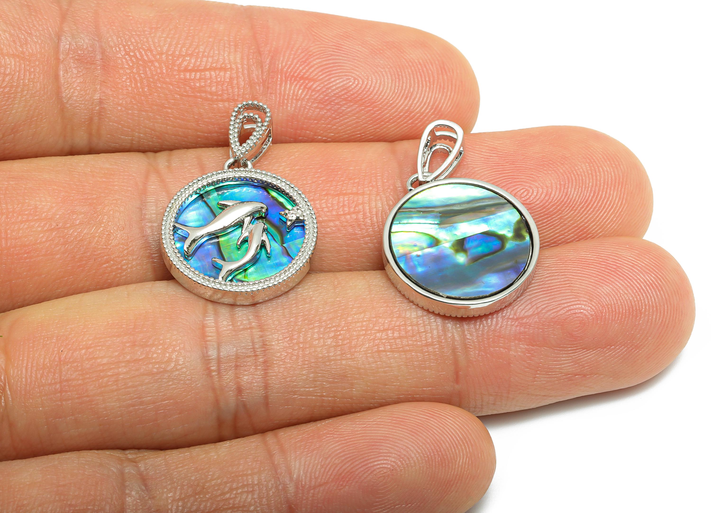 Brass CZ Dolphin Pendant - Round Abalone Shell Pendant - Refined Necklace Jewelry - 18K White Gold-Plated - 25.52x16.77x2.82mm - RGP10639 - DOMEDBAZAAR